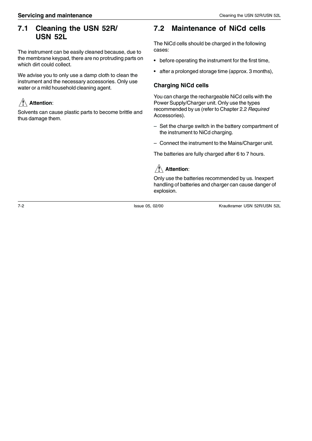 Epson manual Cleaning the USN 52R/ USN 52L, Maintenance of NiCd cells, Servicing and maintenance, Charging NiCd cells 