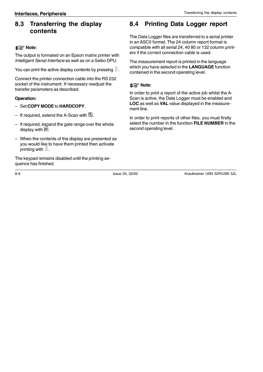 Epson USN 52R, USN 52L manual Transferring the display contents, Printing Data Logger report 