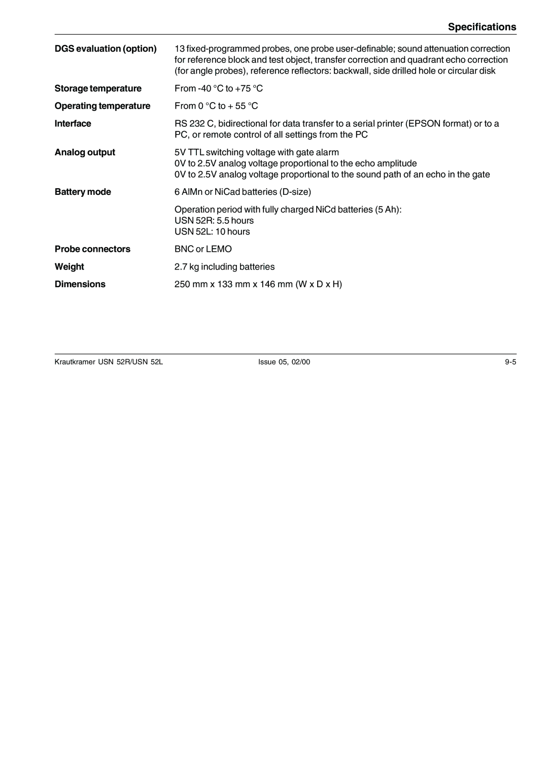 Epson USN 52L DGS evaluation option, Storage temperature, Operating temperature, Interface, Analog output, Battery mode 