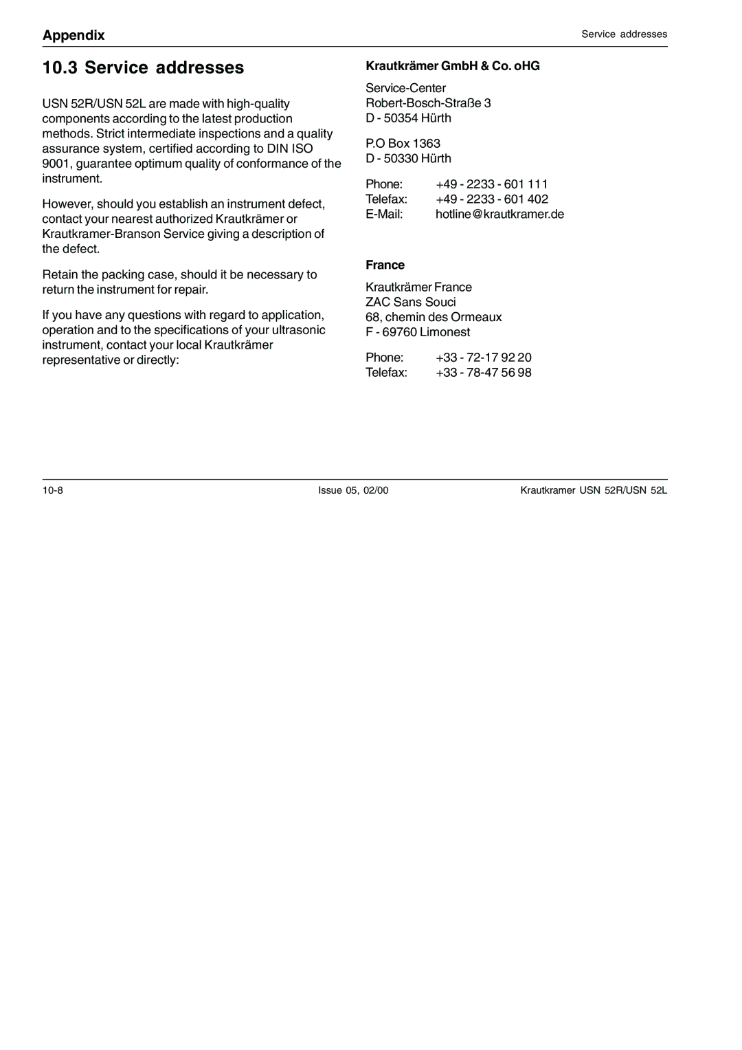 Epson USN 52R, USN 52L manual Service addresses, Krautkrämer GmbH & Co. oHG, France 