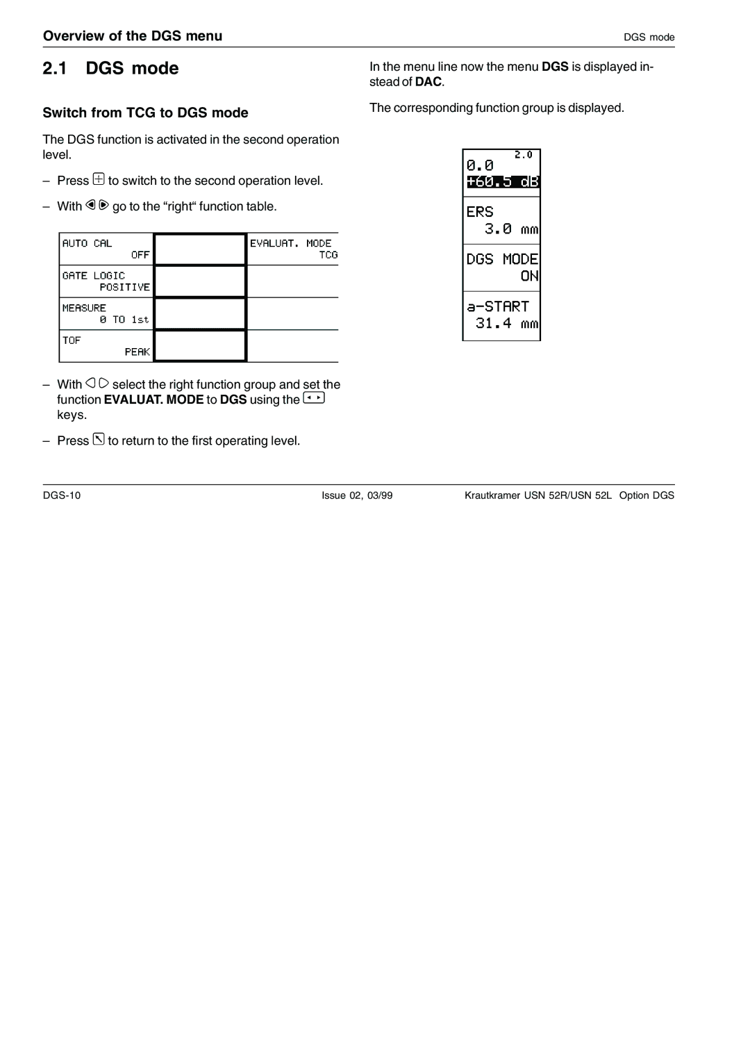 Epson USN 52R, USN 52L manual Overview of the DGS menu, Switch from TCG to DGS mode 