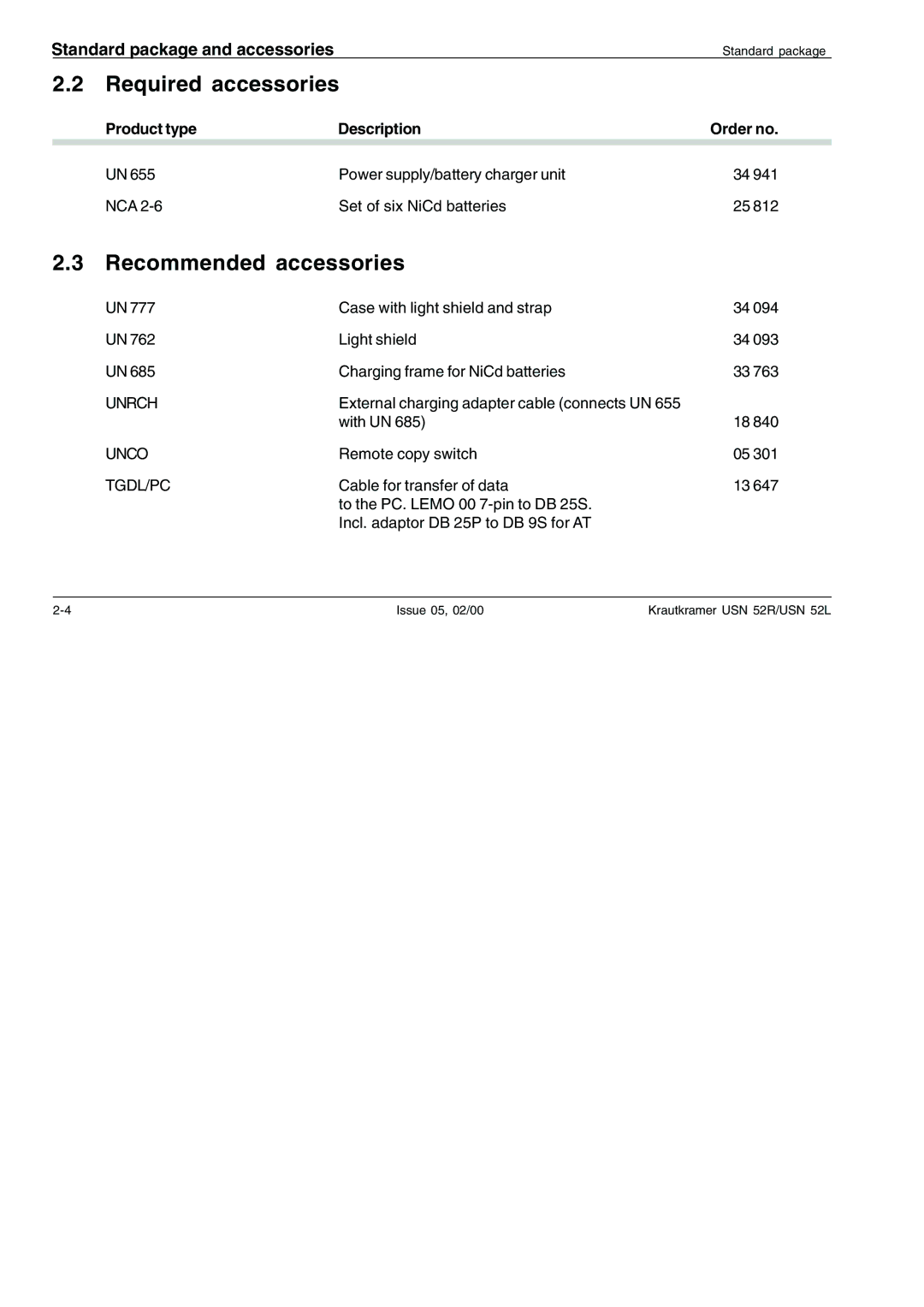 Epson USN 52R, USN 52L manual Required accessories, Recommended accessories, Product type Description Order no 