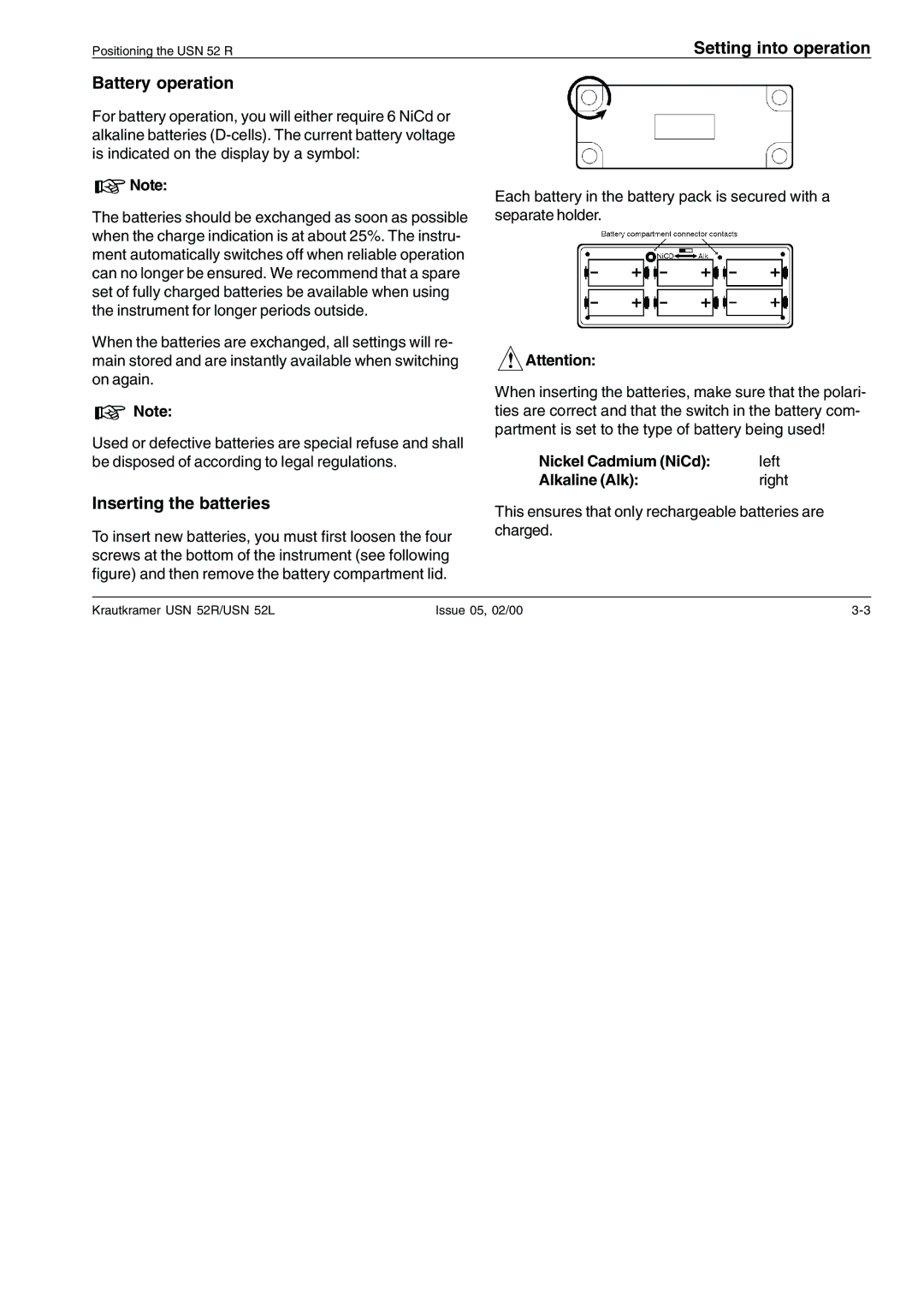 Epson USN 52L, USN 52R manual Setting into operation Battery operation, Inserting the batteries, AAttention 