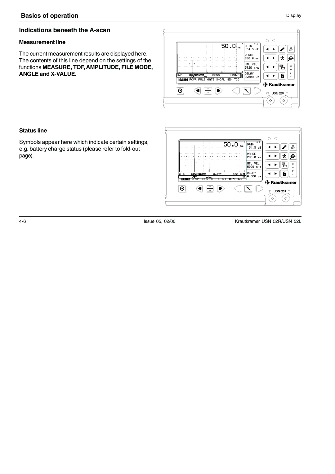 Epson USN 52R, USN 52L manual Indications beneath the A-scan, Measurement line, Angle and X-VALUE Status line 