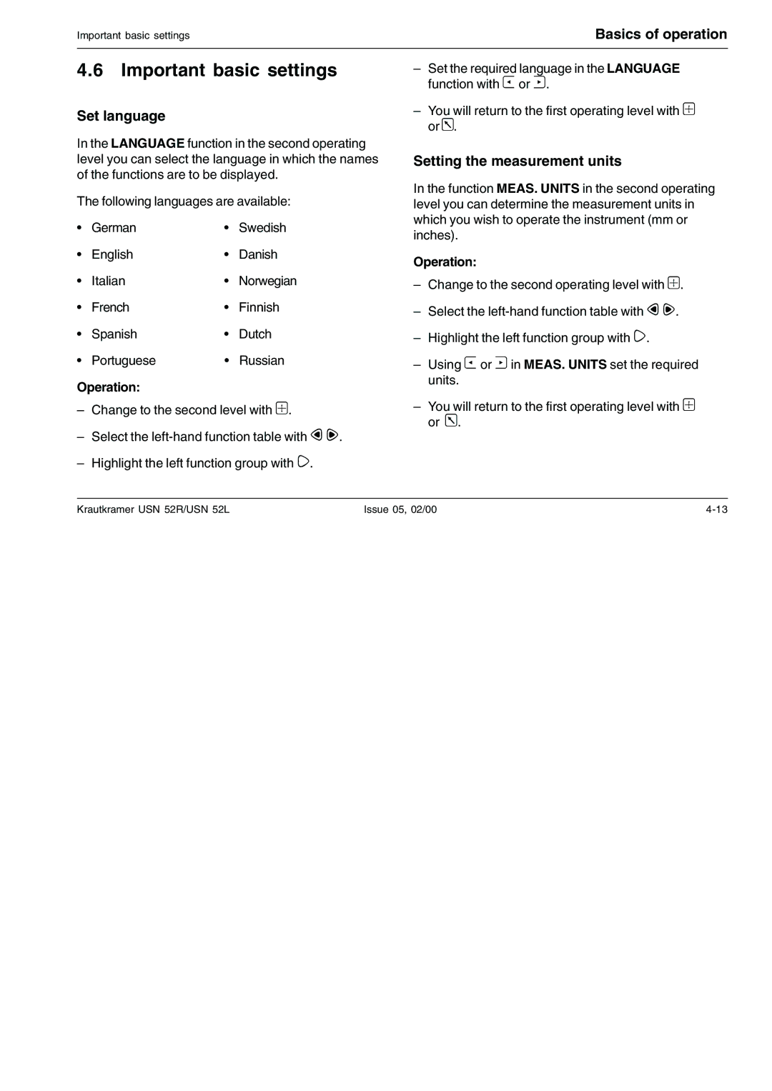 Epson USN 52L, USN 52R manual Important basic settings, Set language, Setting the measurement units, Operation 