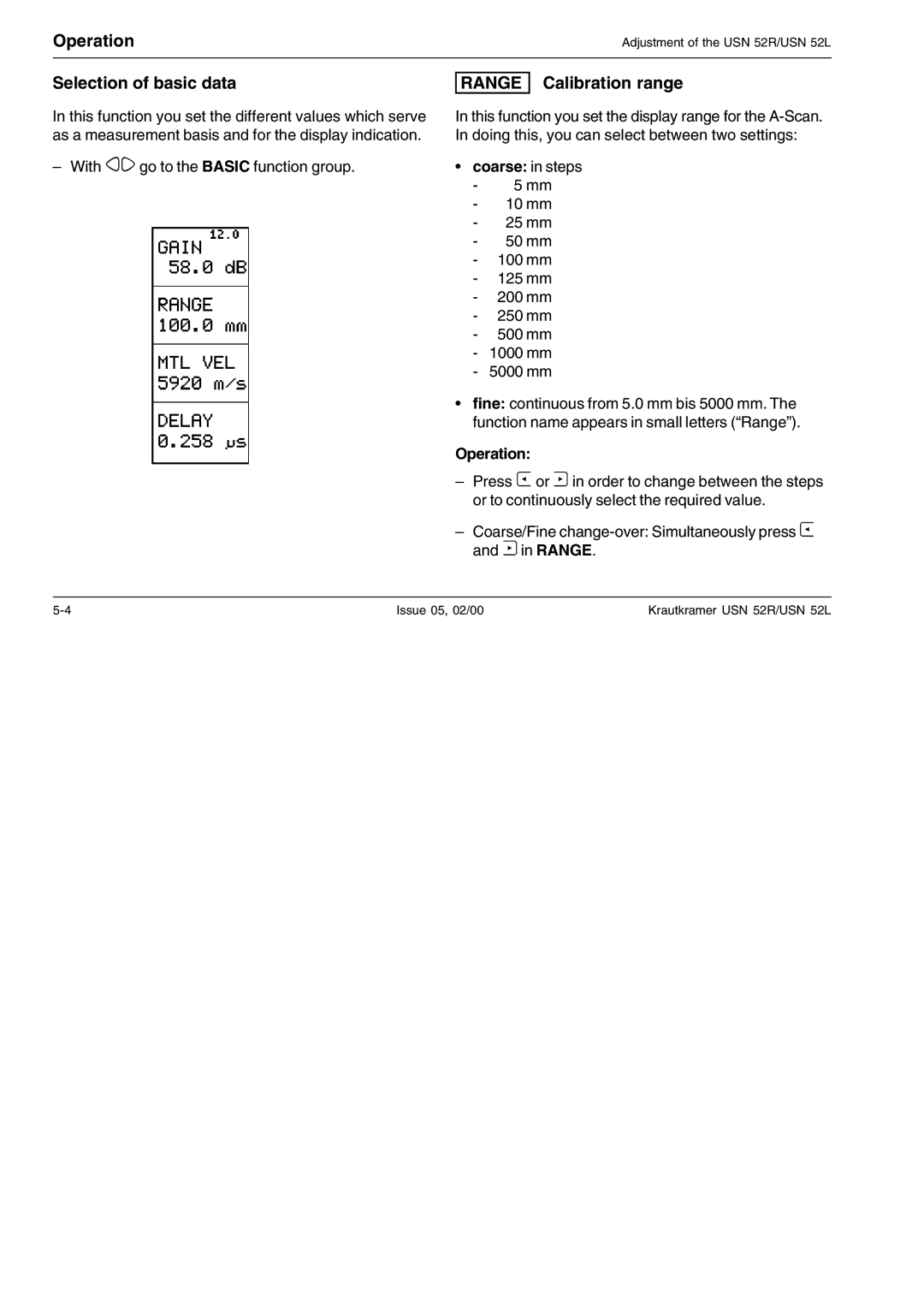 Epson USN 52R, USN 52L manual Selection of basic data, Range Calibration range, Coarse in steps 