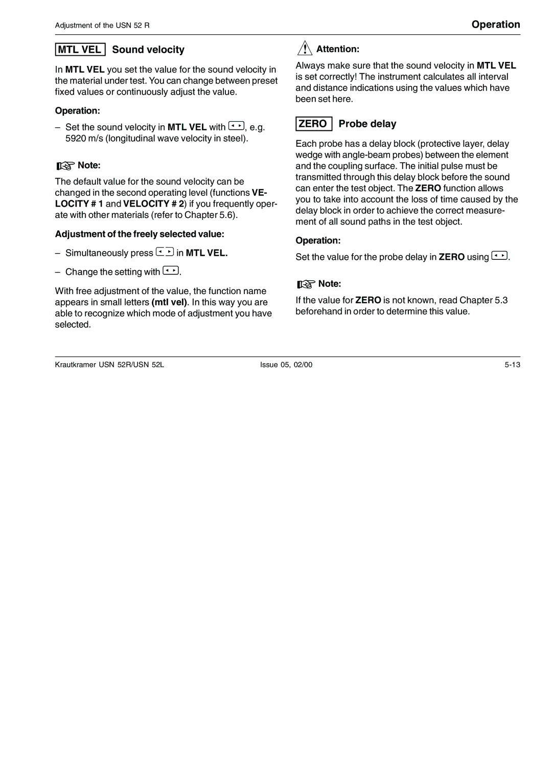 Epson USN 52L, USN 52R manual MTL VEL Sound velocity, Zero Probe delay, Adjustment of the freely selected value 