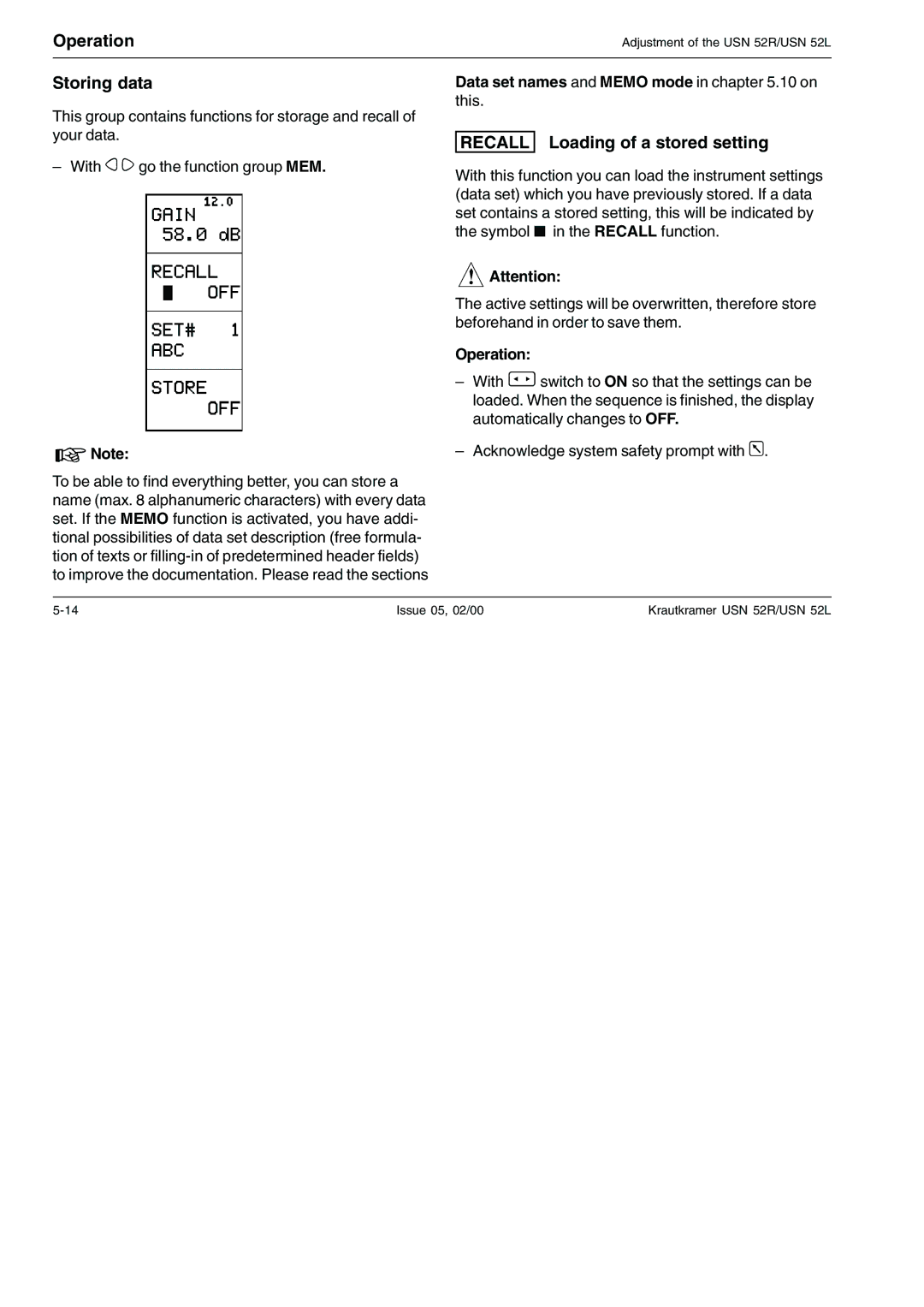 Epson USN 52R, USN 52L manual Storing data, Recall Loading of a stored setting, Data set names and Memo mode in .10 on 