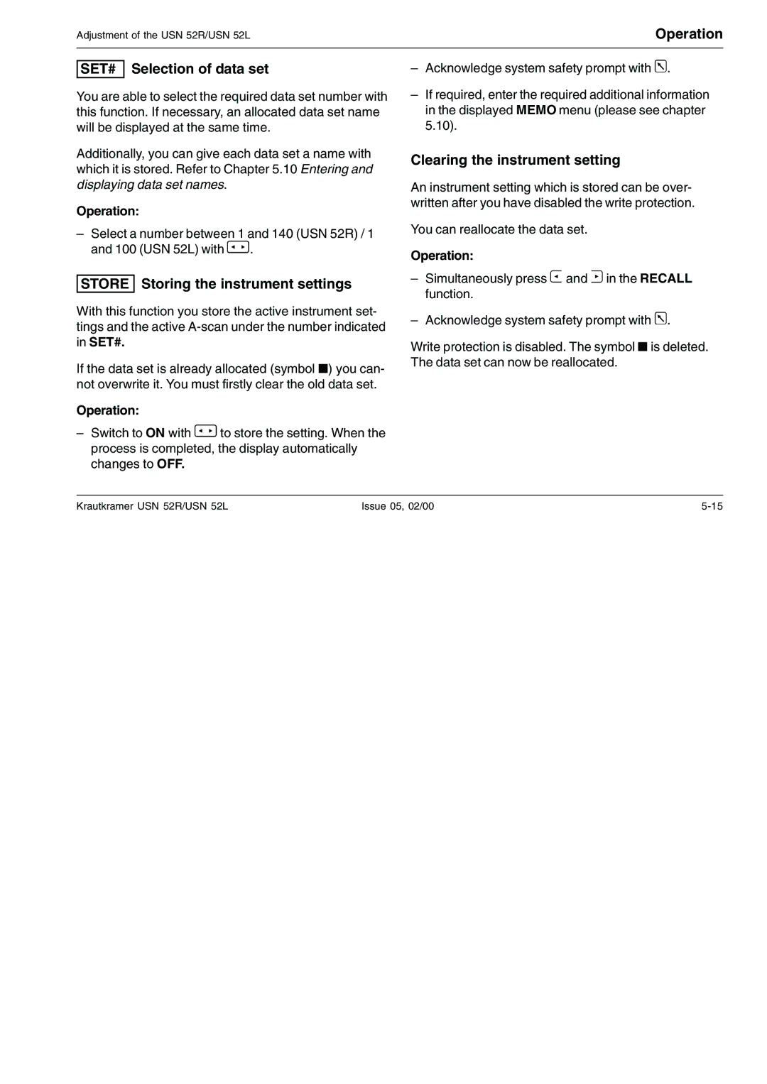 Epson USN 52L, USN 52R SET# Selection of data set, Store Storing the instrument settings, Clearing the instrument setting 