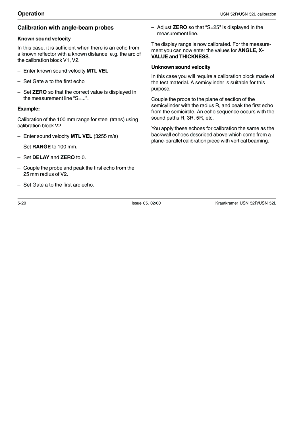 Epson USN 52R, USN 52L manual Calibration with angle-beam probes, Known sound velocity, Unknown sound velocity 