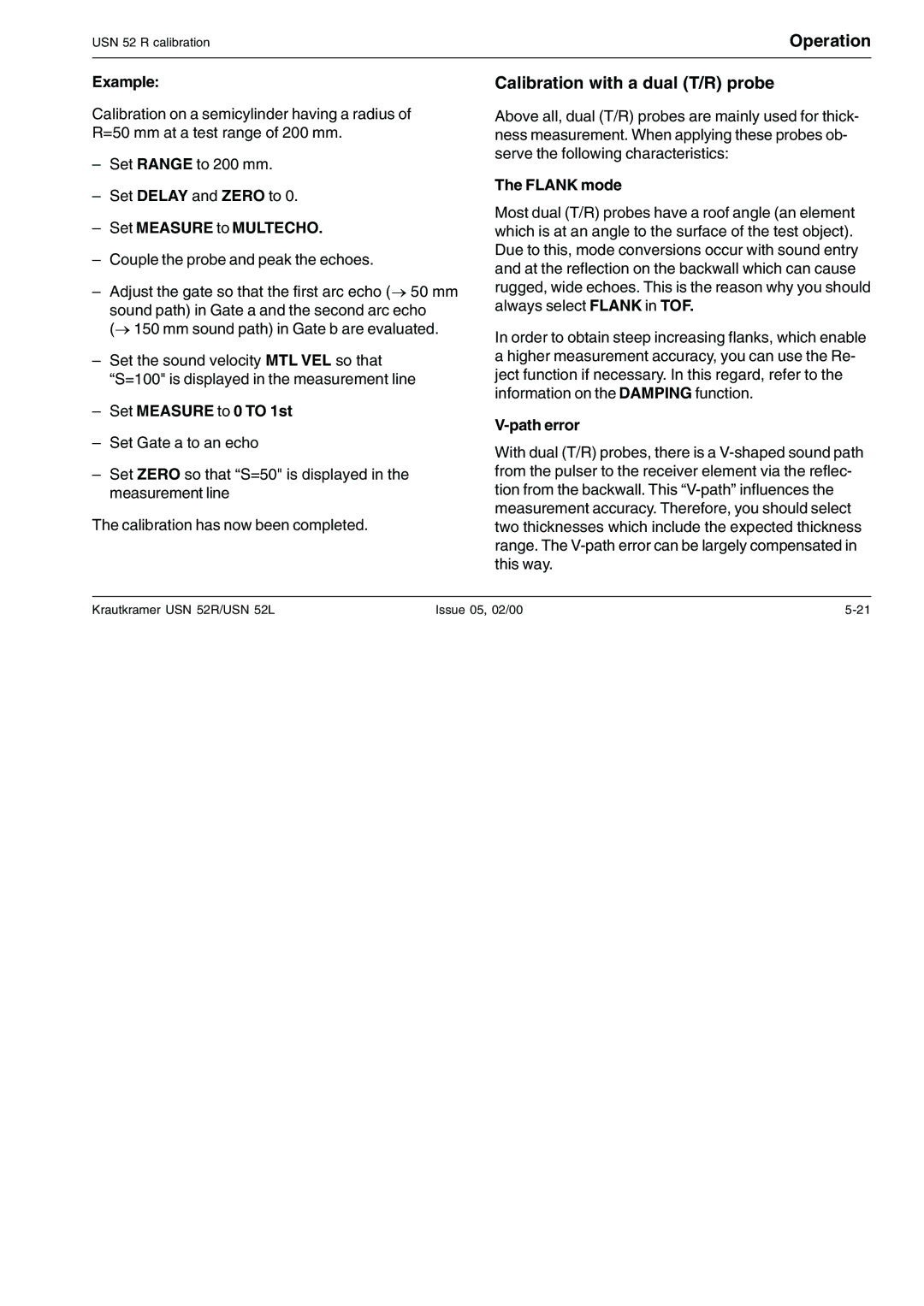 Epson USN 52L, USN 52R manual Calibration with a dual T/R probe, Flank mode, Path error 