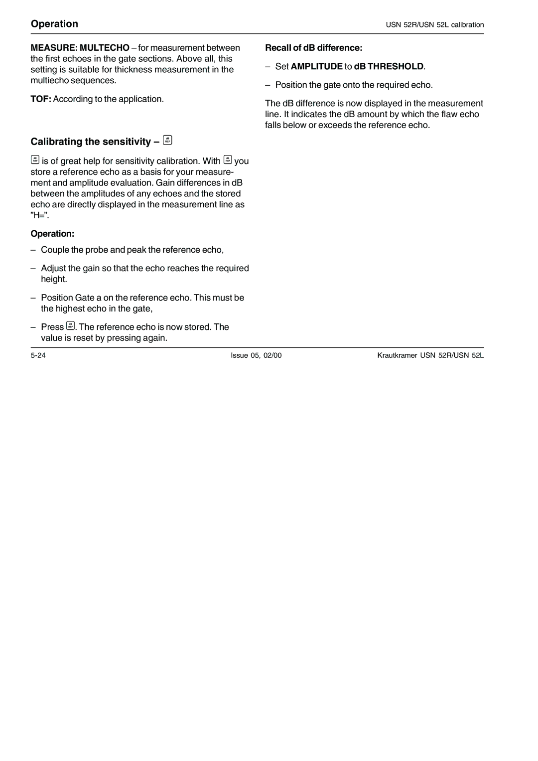 Epson USN 52R, USN 52L manual Calibrating the sensitivity B, Recall of dB difference Set Amplitude to dB Threshold 