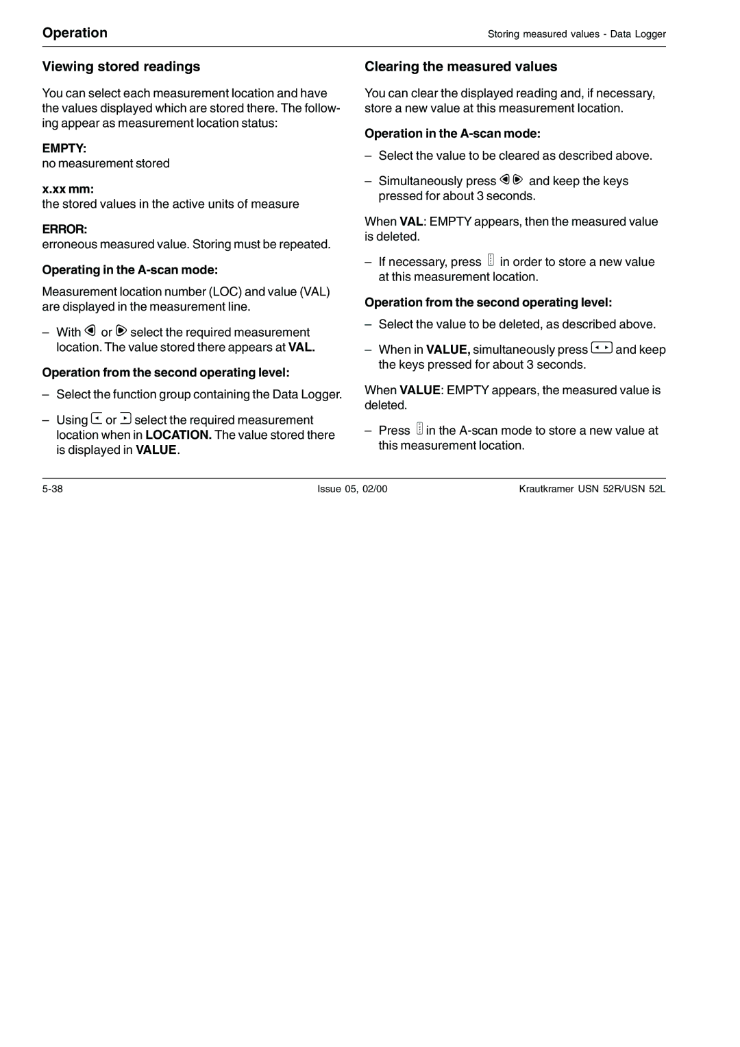 Epson USN 52R, USN 52L manual Viewing stored readings, Clearing the measured values, Error 