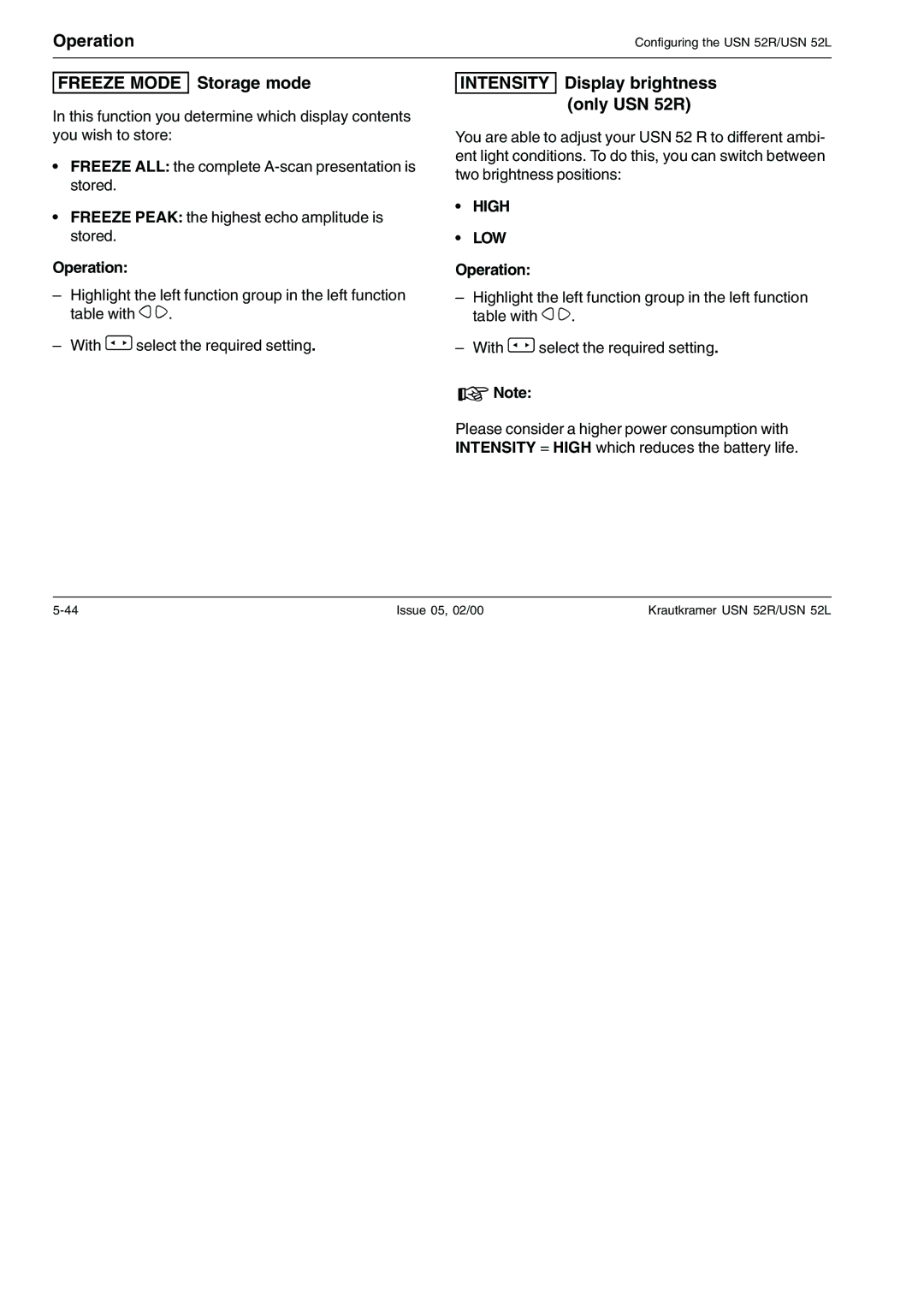 Epson USN 52L manual Freeze Mode Storage mode, Intensity Display brightness only USN 52R, High LOW 