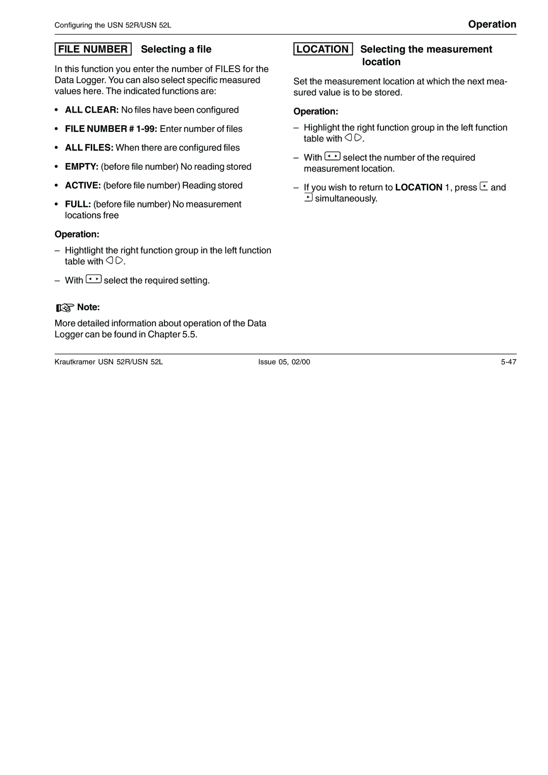 Epson USN 52L, USN 52R manual File Number Selecting a file, Location Selecting the measurement location 