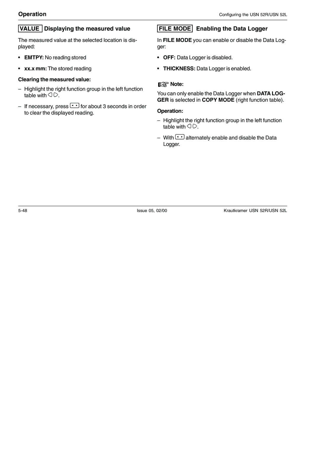 Epson USN 52R manual Value Displaying the measured value, File Mode Enabling the Data Logger, Clearing the measured value 