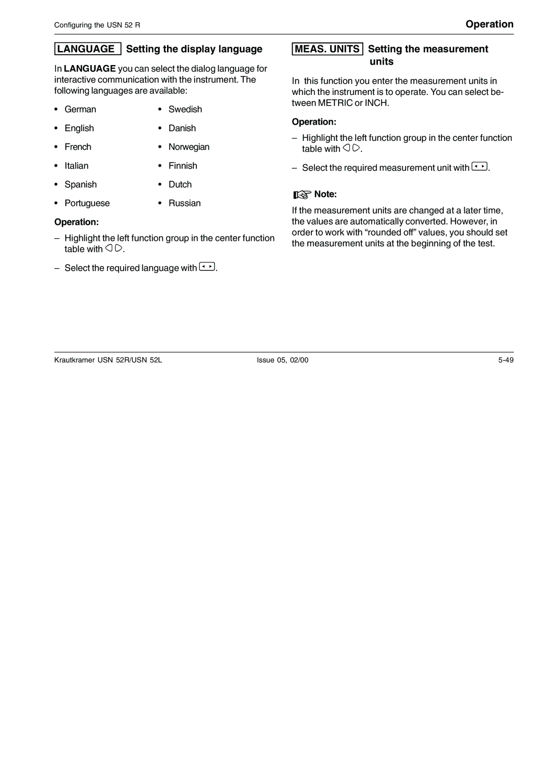 Epson USN 52L, USN 52R manual Language Setting the display language, MEAS. Units Setting the measurement units 