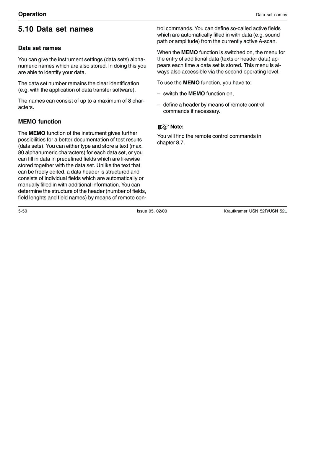 Epson USN 52R, USN 52L manual Data set names, Memo function 