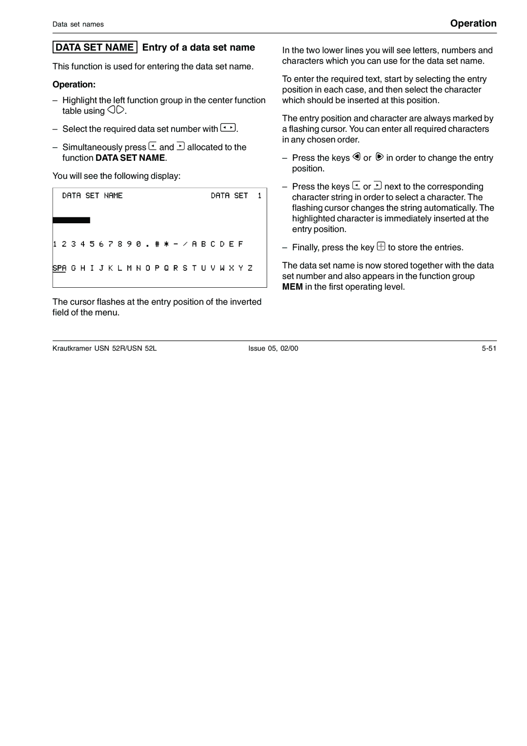 Epson USN 52L, USN 52R manual Data SET Name Entry of a data set name 