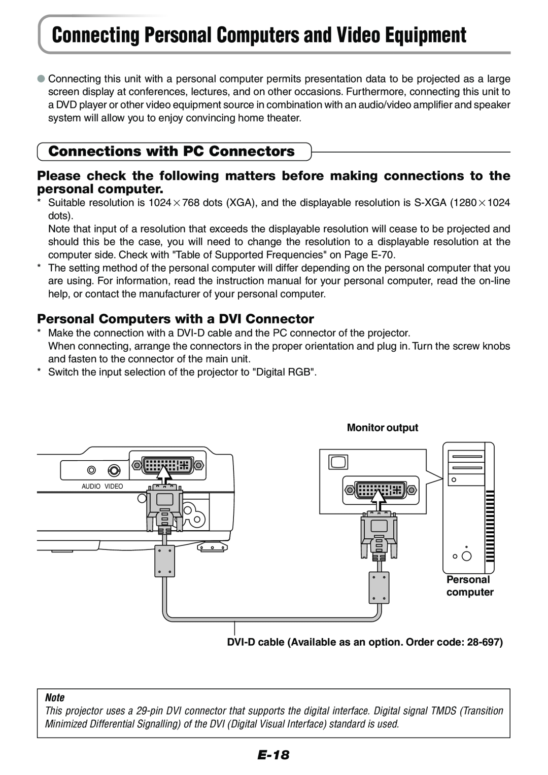 Epson V-1100 user manual Connections with PC Connectors, Personal Computers with a DVI Connector, E-18, Monitor output 