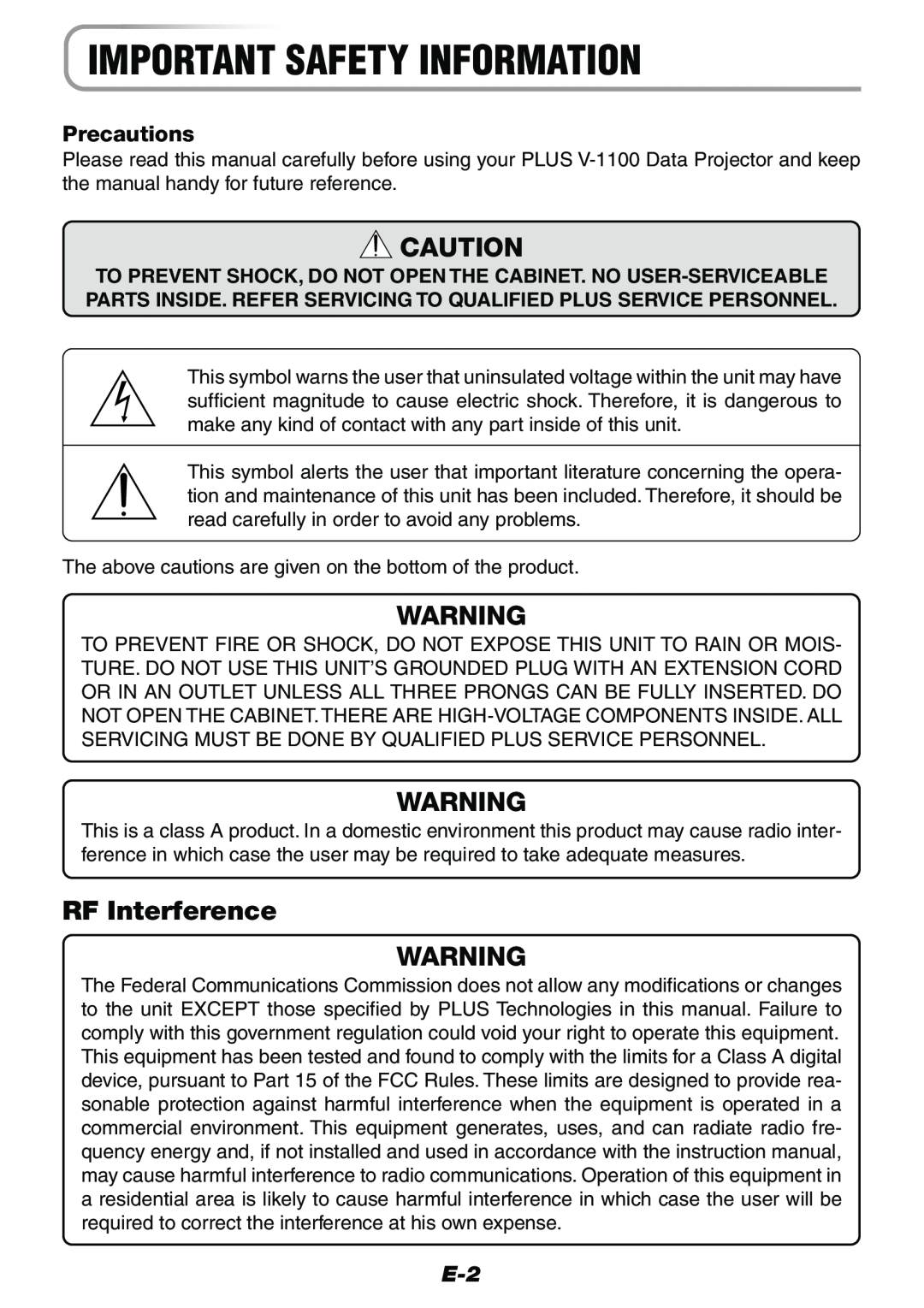 Epson V-1100 user manual Important Safety Information, RF Interference, Precautions 