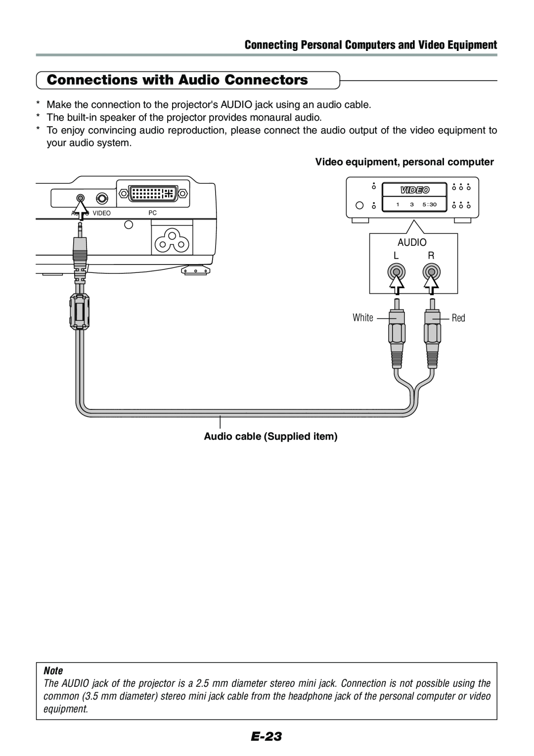 Epson V-1100 user manual Connections with Audio Connectors, E-23, Connecting Personal Computers and Video Equipment 