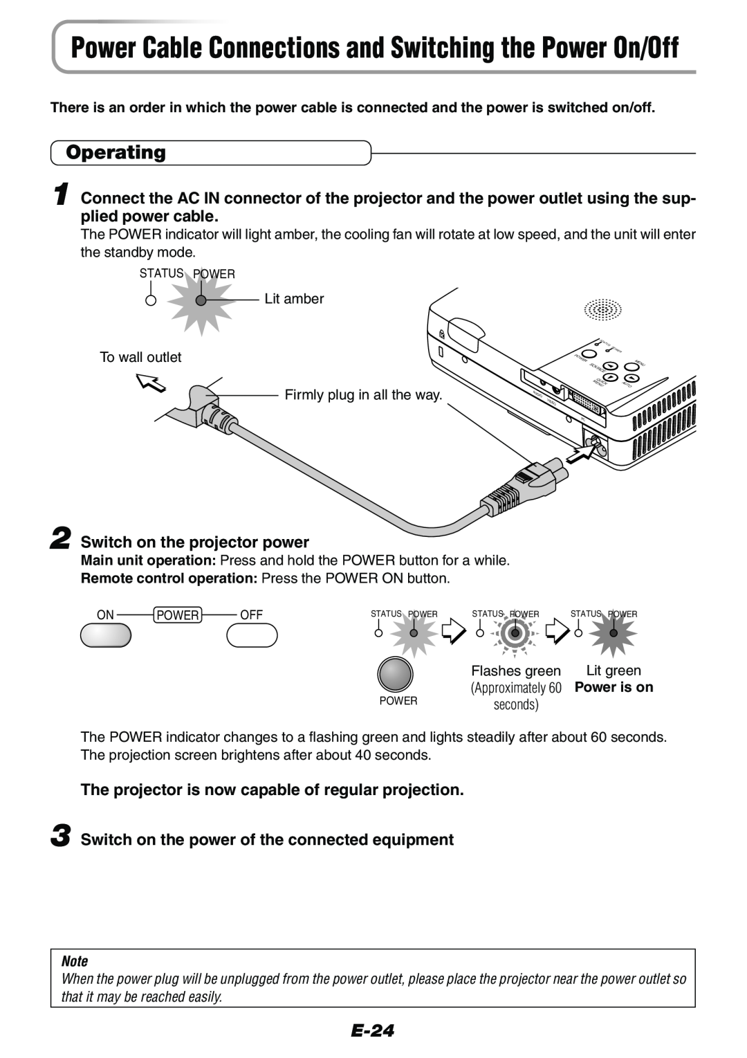 Epson V-1100 user manual Operating, E-24, Switch on the projector power, Switch on the power of the connected equipment 