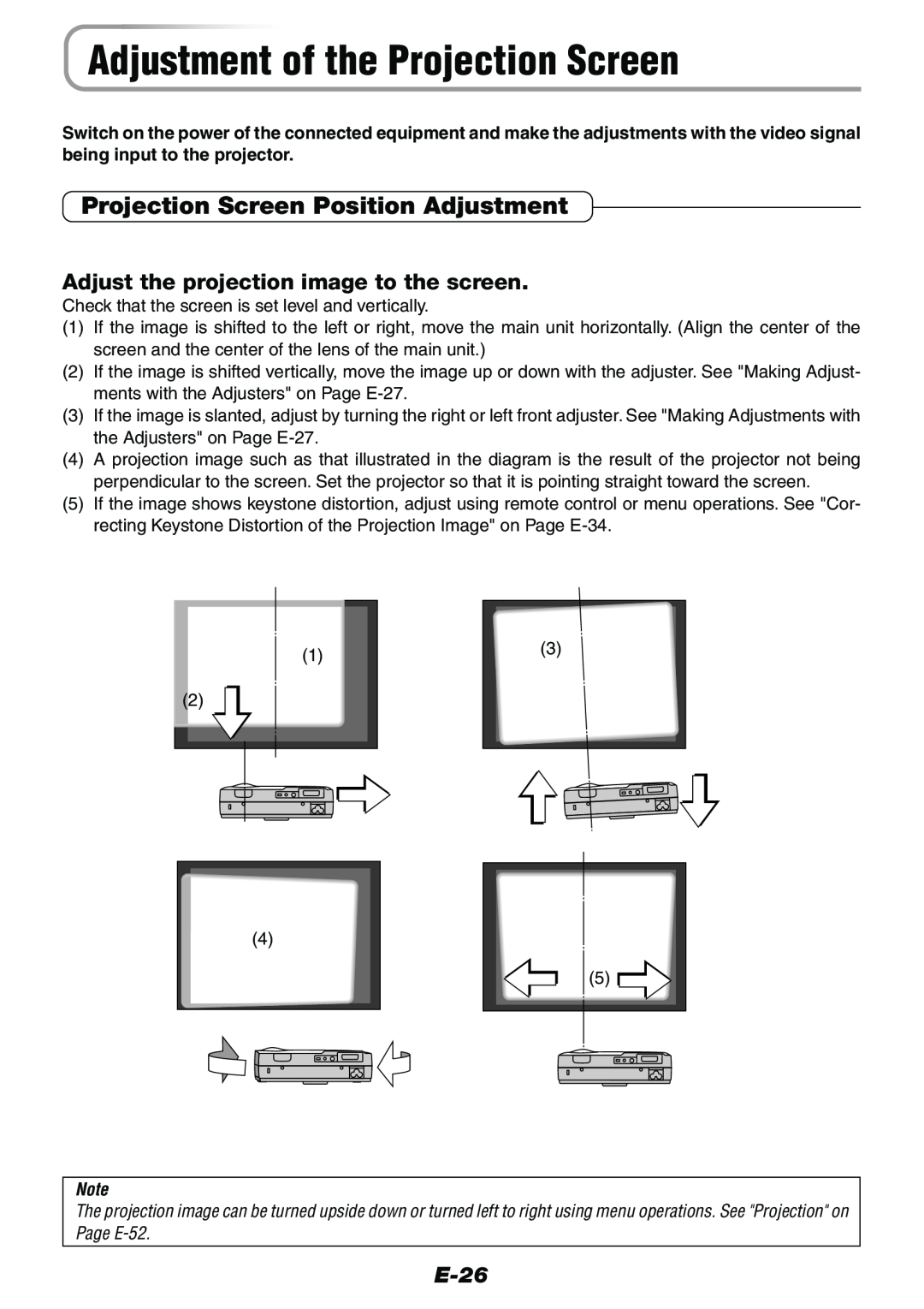 Epson V-1100 user manual Adjustment of the Projection Screen, Projection Screen Position Adjustment, E-26 