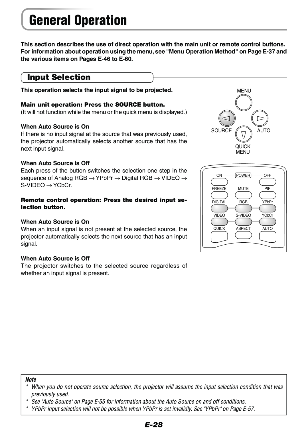 Epson V-1100 user manual General Operation, Input Selection, E-28, Main unit operation: Press the SOURCE button 