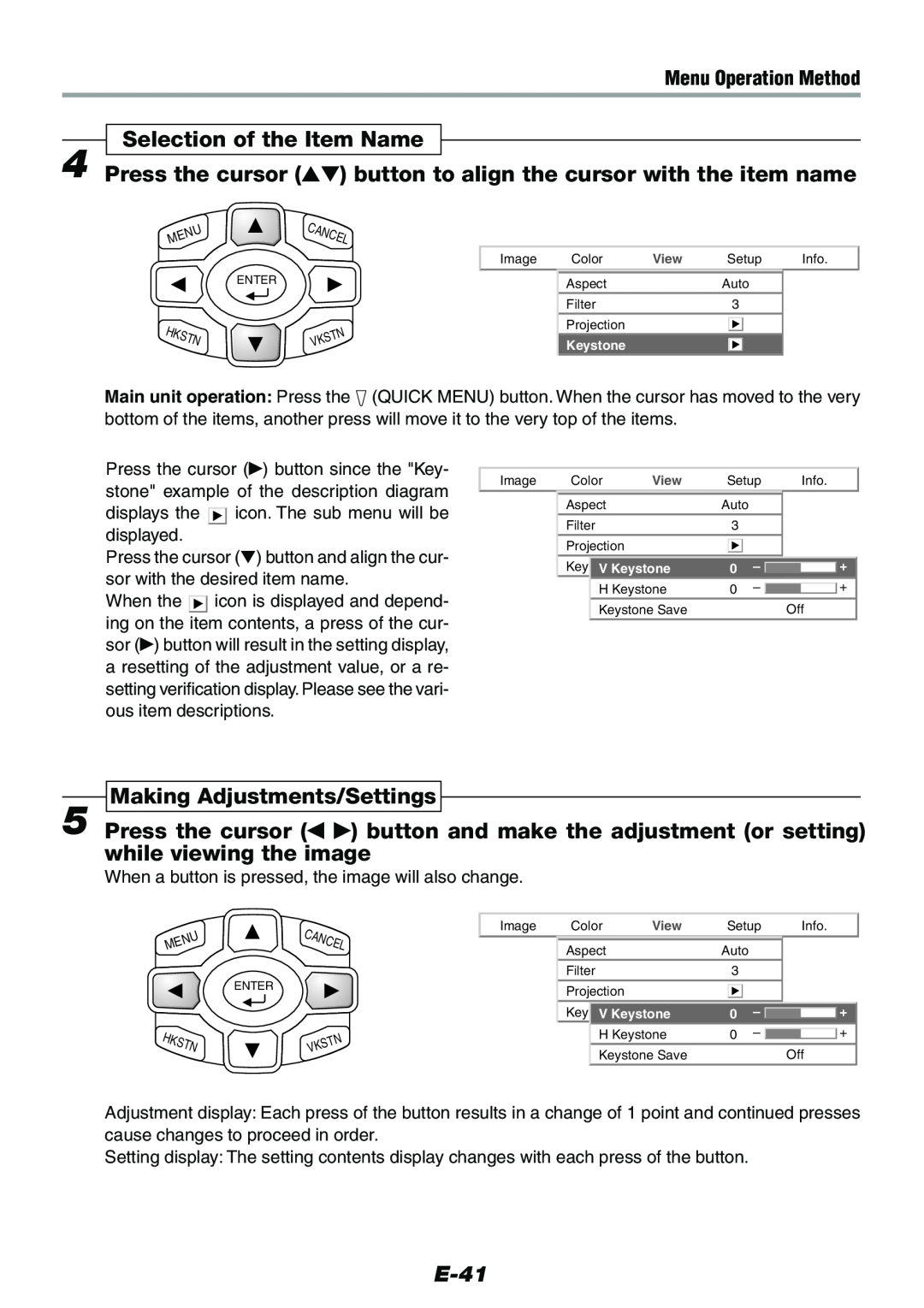 Epson V-1100 user manual Selection of the Item Name, Making Adjustments/Settings, E-41, Menu Operation Method 