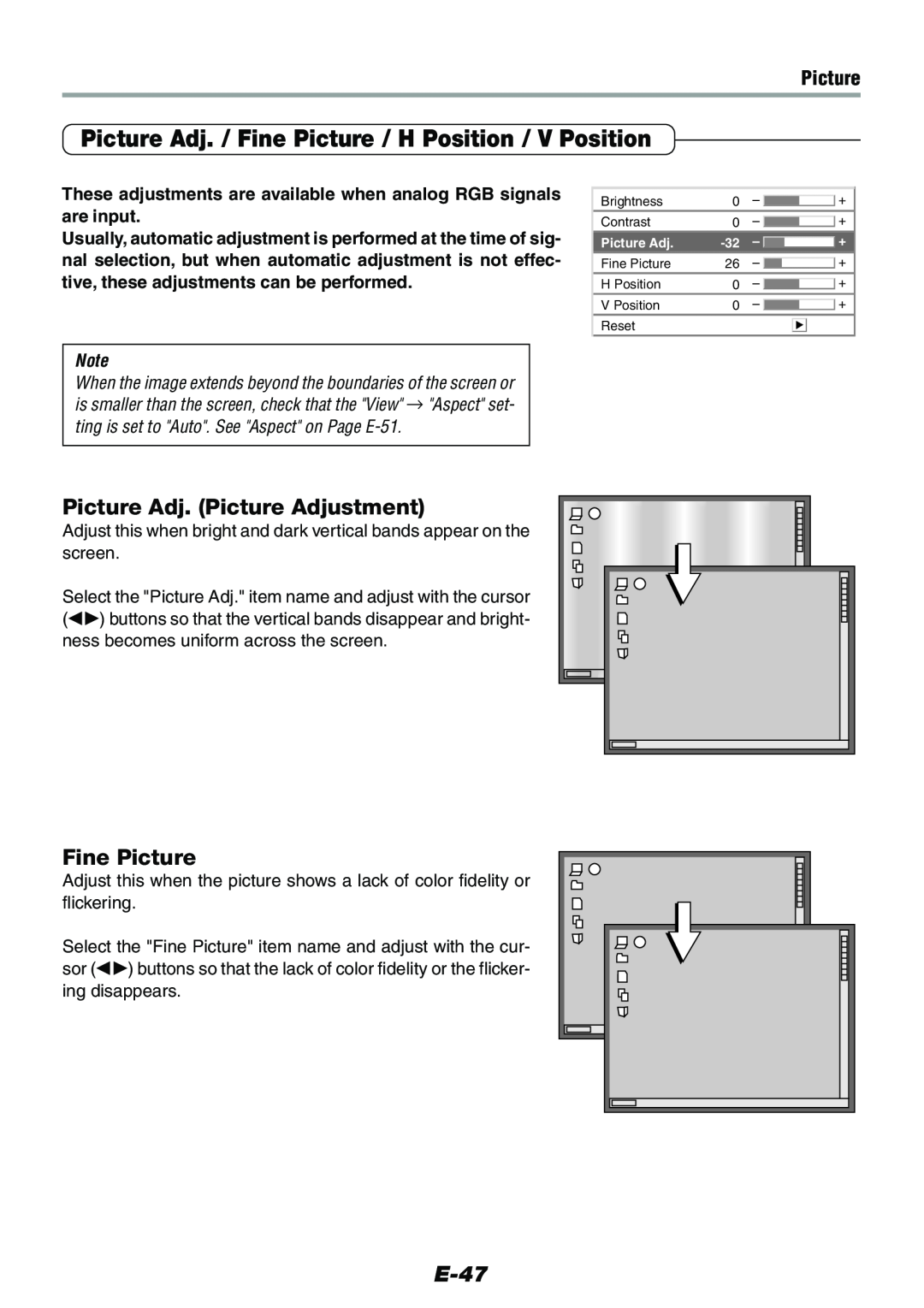 Epson V-1100 user manual Picture Adj. Picture Adjustment, Fine Picture, E-47 