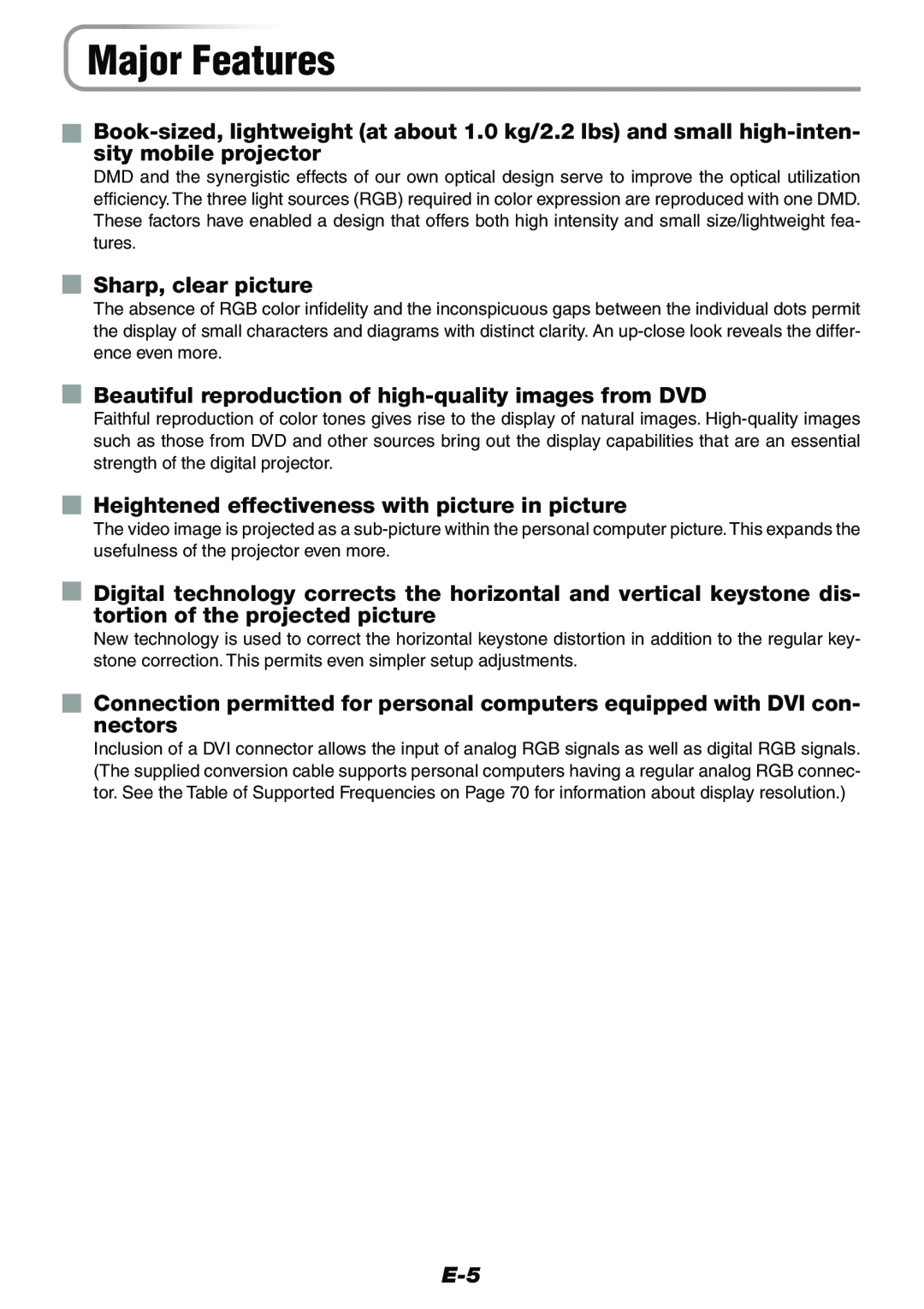 Epson V-1100 user manual Major Features, Sharp, clear picture, Heightened effectiveness with picture in picture 