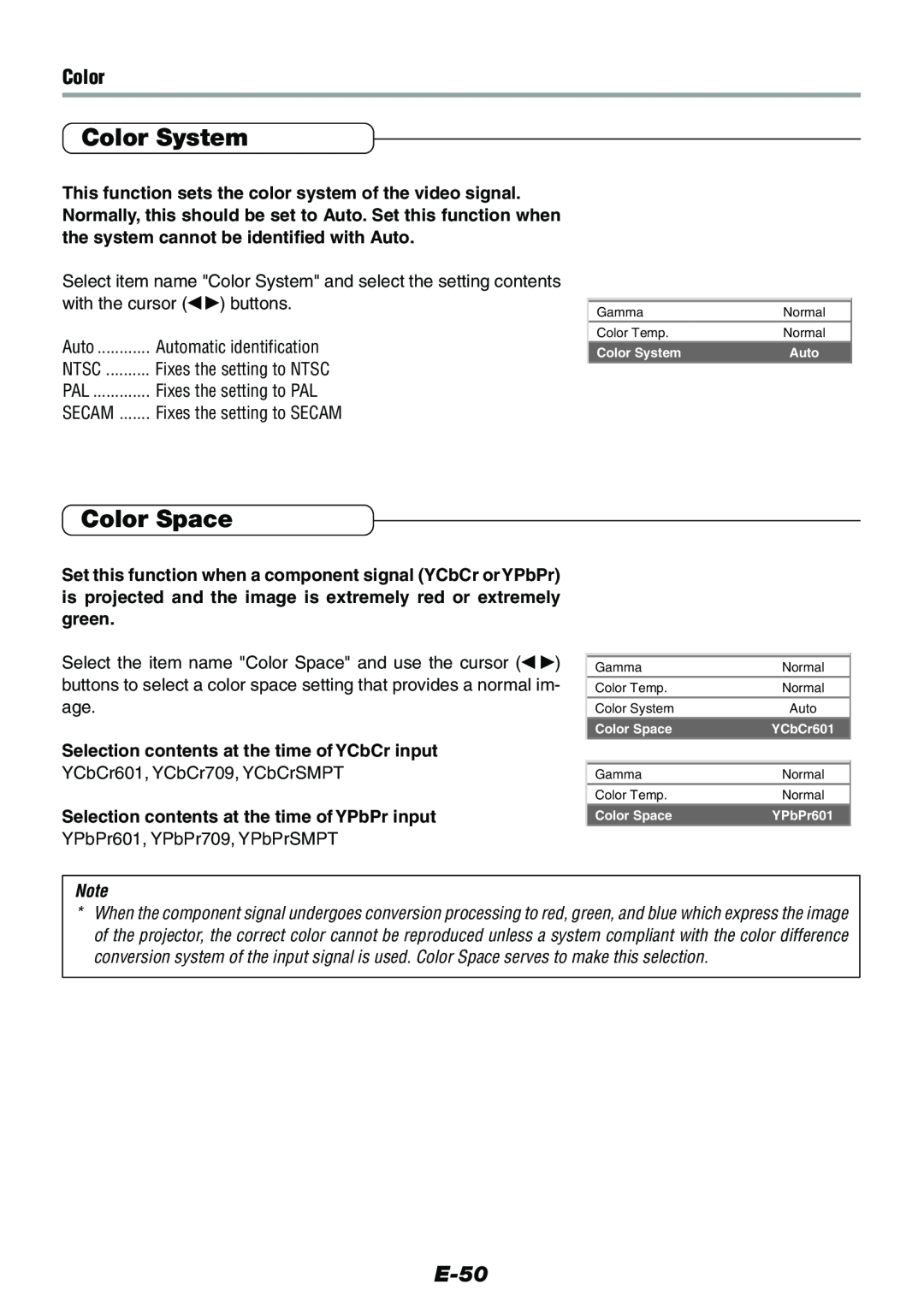 Epson V-1100 Color System, Color Space, E-50, Selection contents at the time of YCbCr input, Fixes the setting to PAL 