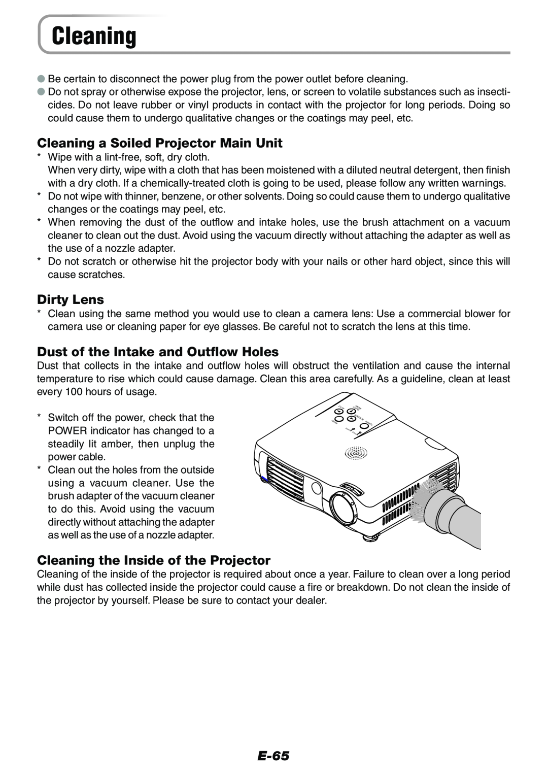 Epson V-1100 user manual Cleaning a Soiled Projector Main Unit, Dirty Lens, Dust of the Intake and Outflow Holes, E-65 