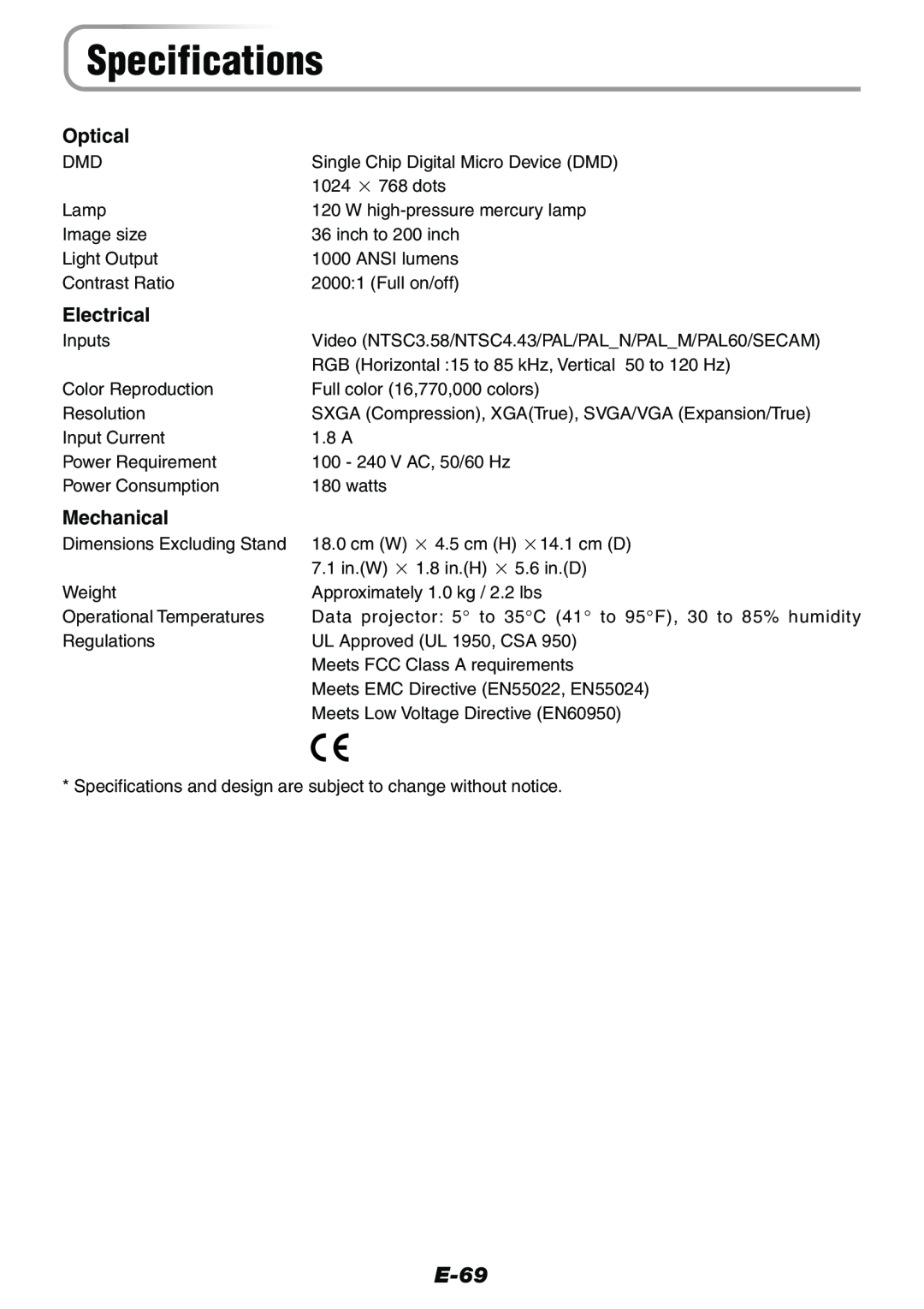 Epson V-1100 user manual Specifications, E-69, Optical, Electrical, Mechanical 