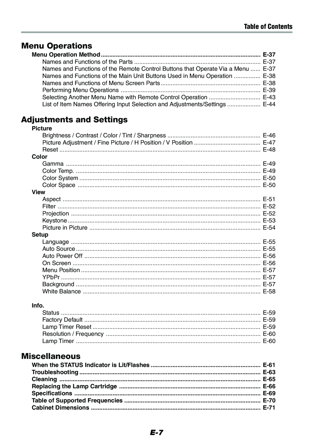 Epson V-1100 Menu Operations, Adjustments and Settings, Miscellaneous, Table of Contents, E-37, Picture, Color, View, Info 