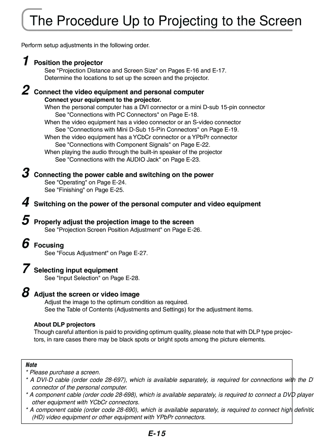 Epson V-1100 user manual Position the projector, Connect the video equipment and personal computer, Focusing 