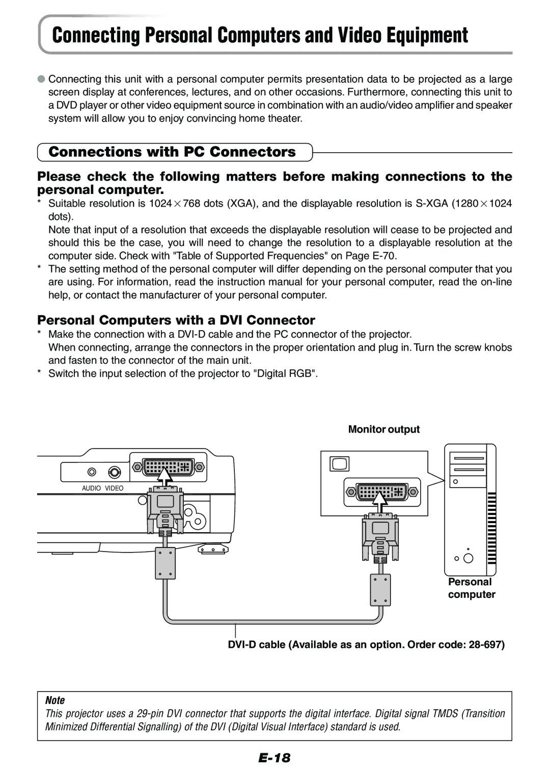 Epson V-1100 user manual Connections with PC Connectors, Personal Computers with a DVI Connector, Monitor output 