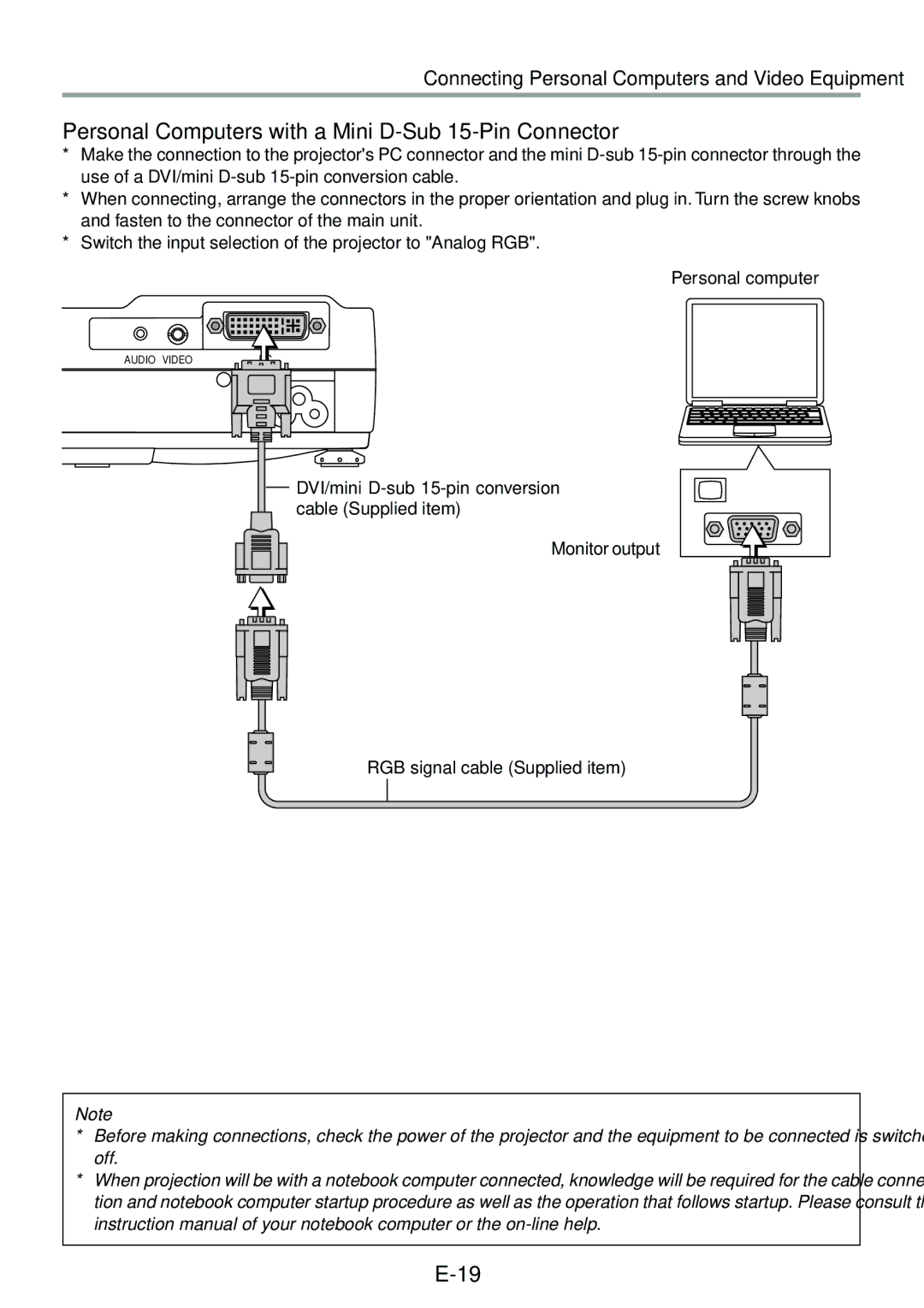 Epson V-1100 user manual Personal Computers with a Mini D-Sub 15-Pin Connector, Personal computer 