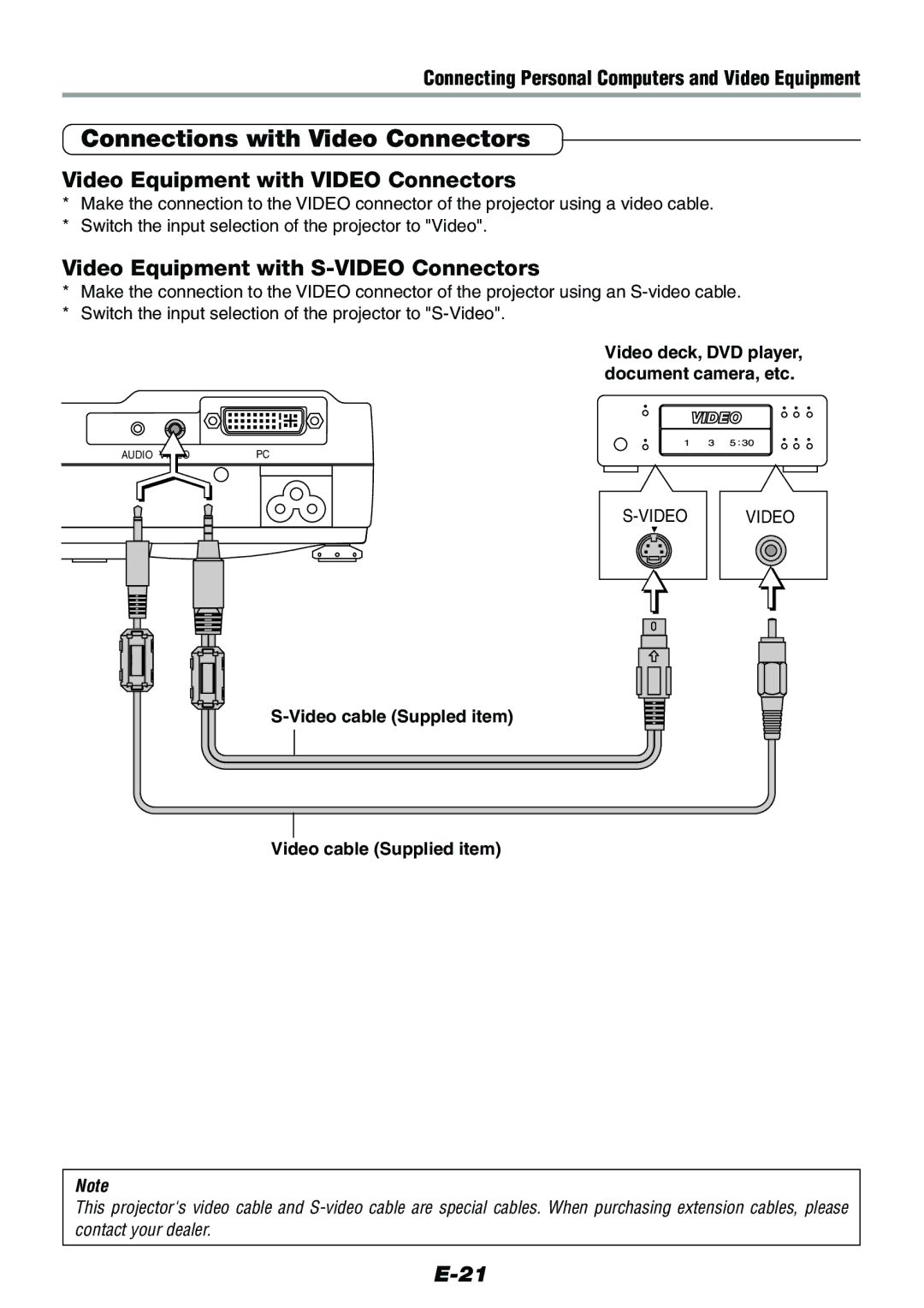 Epson V-1100 user manual Connections with Video Connectors, Video Equipment with Video Connectors 