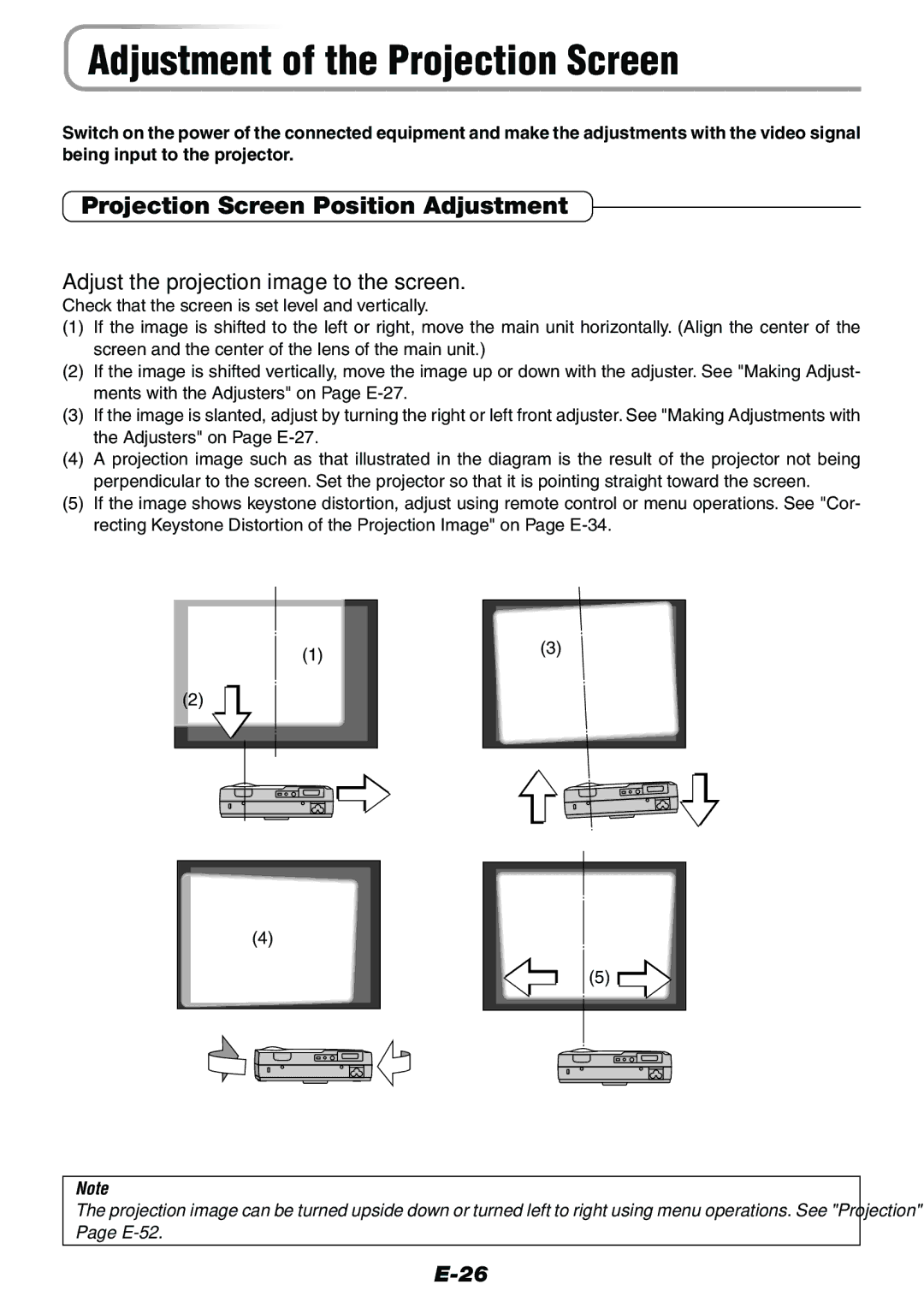 Epson V-1100 user manual Adjustment of the Projection Screen, Projection Screen Position Adjustment 