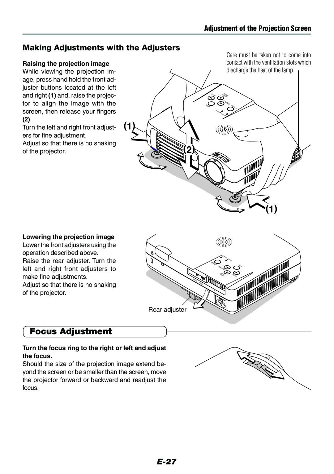 Epson V-1100 user manual Focus Adjustment, Making Adjustments with the Adjusters, Adjustment of the Projection Screen 