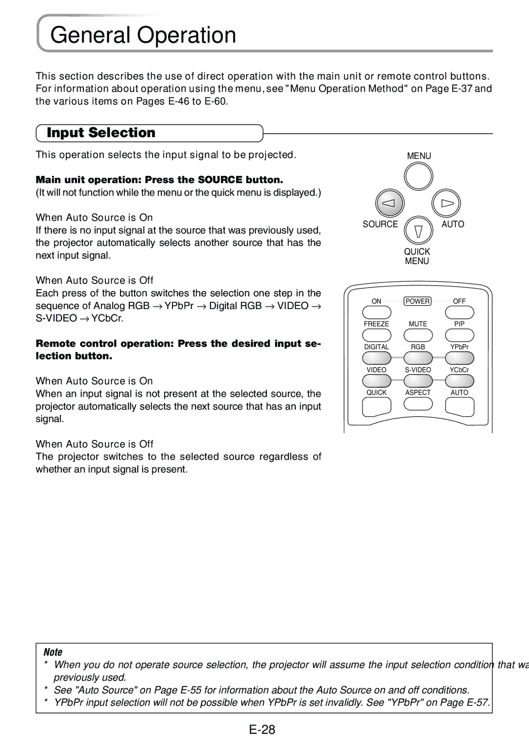 Epson V-1100 user manual General Operation, Input Selection, When Auto Source is On, When Auto Source is Off 