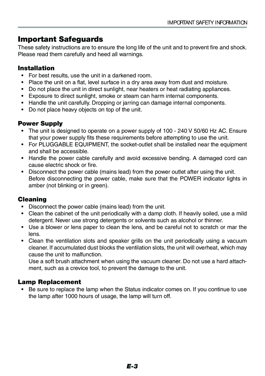 Epson V-1100 user manual Installation, Power Supply, Cleaning, Lamp Replacement 