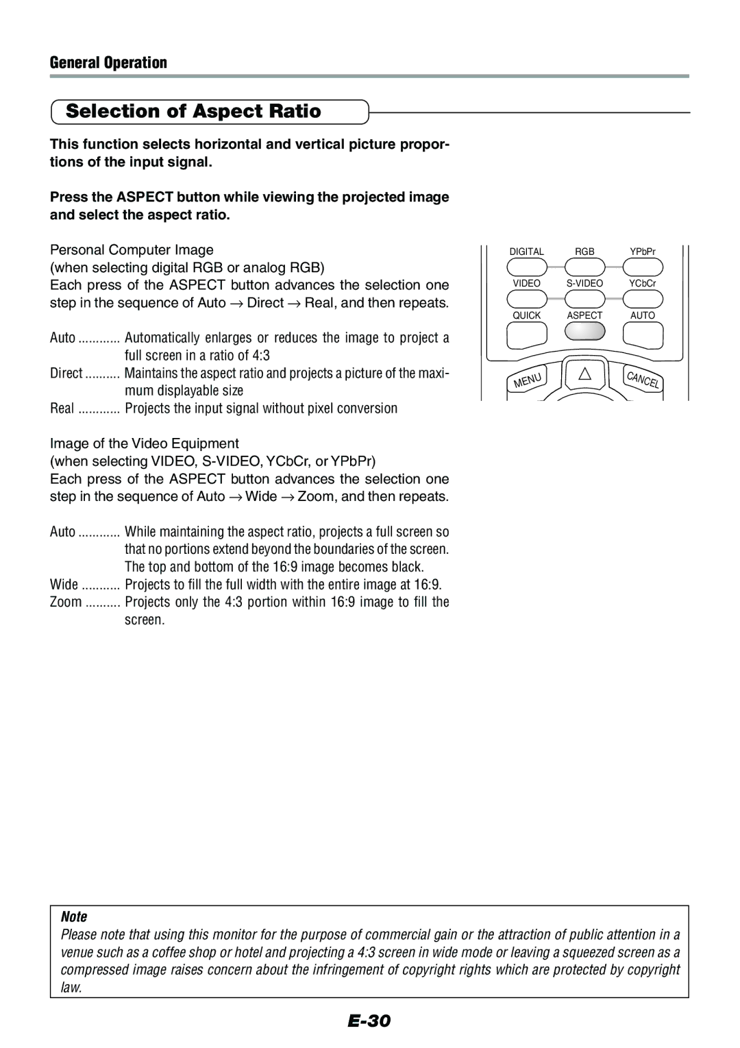 Epson V-1100 user manual Selection of Aspect Ratio, Full screen in a ratio, Mum displayable size, Screen 