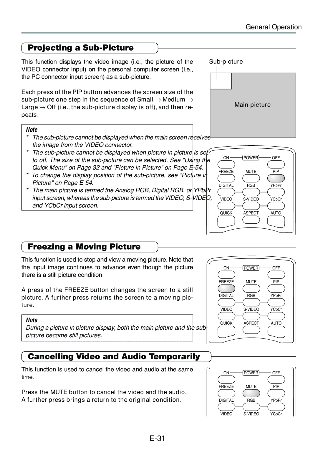 Epson V-1100 user manual Projecting a Sub-Picture, Freezing a Moving Picture, Cancelling Video and Audio Temporarily 