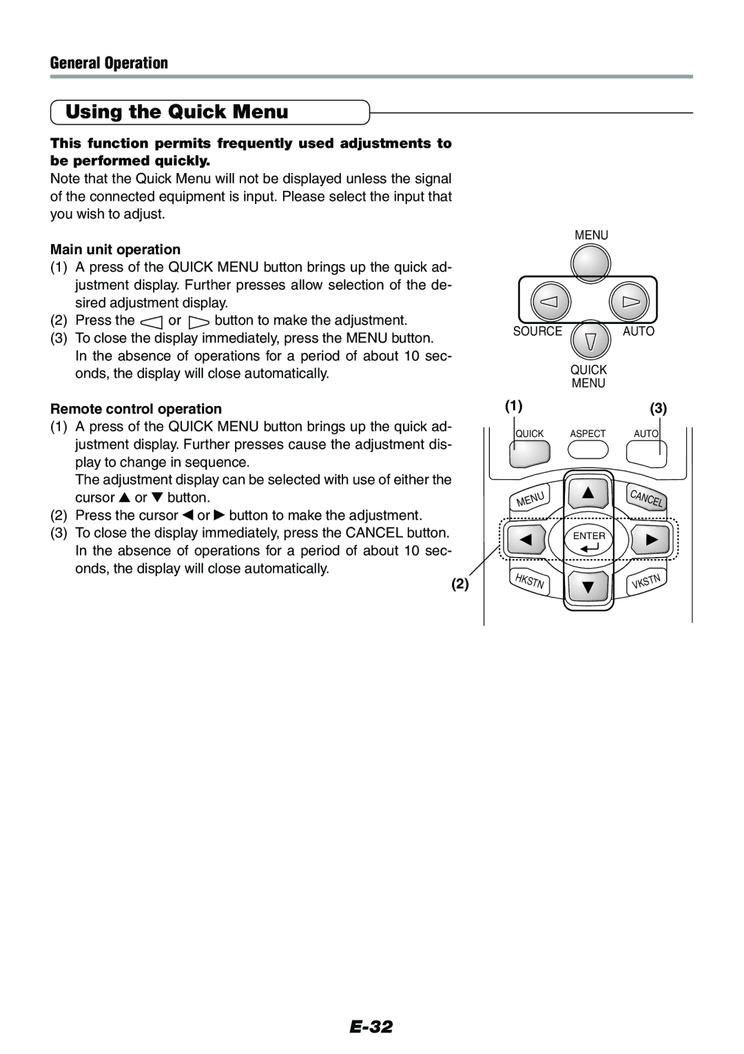 Epson V-1100 user manual Using the Quick Menu, Remote control operation 