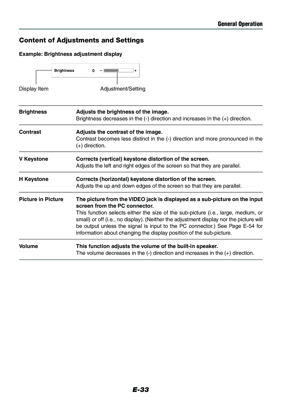 Epson V-1100 user manual Content of Adjustments and Settings 