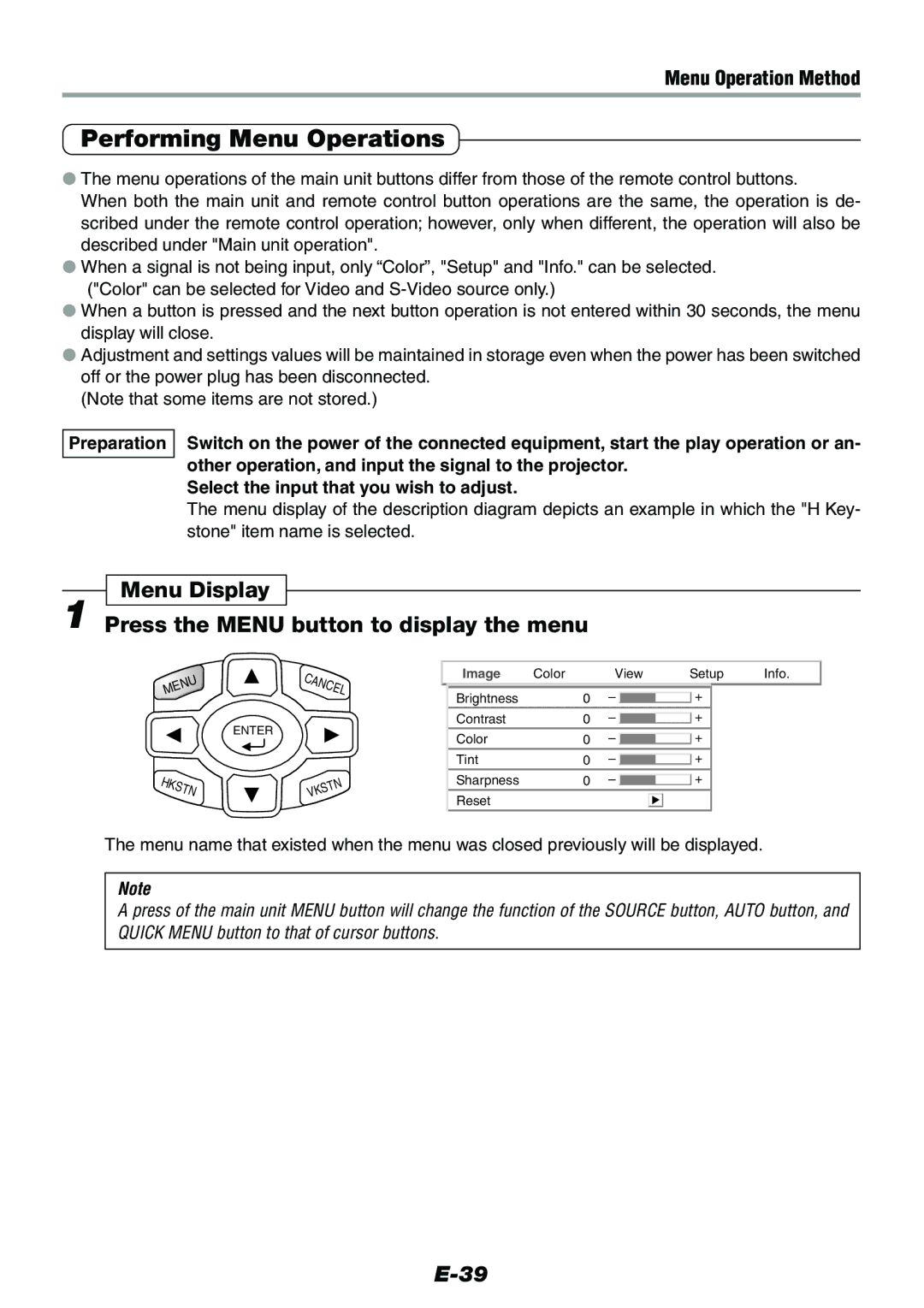 Epson V-1100 user manual Performing Menu Operations, Menu Display Press the Menu button to display the menu 