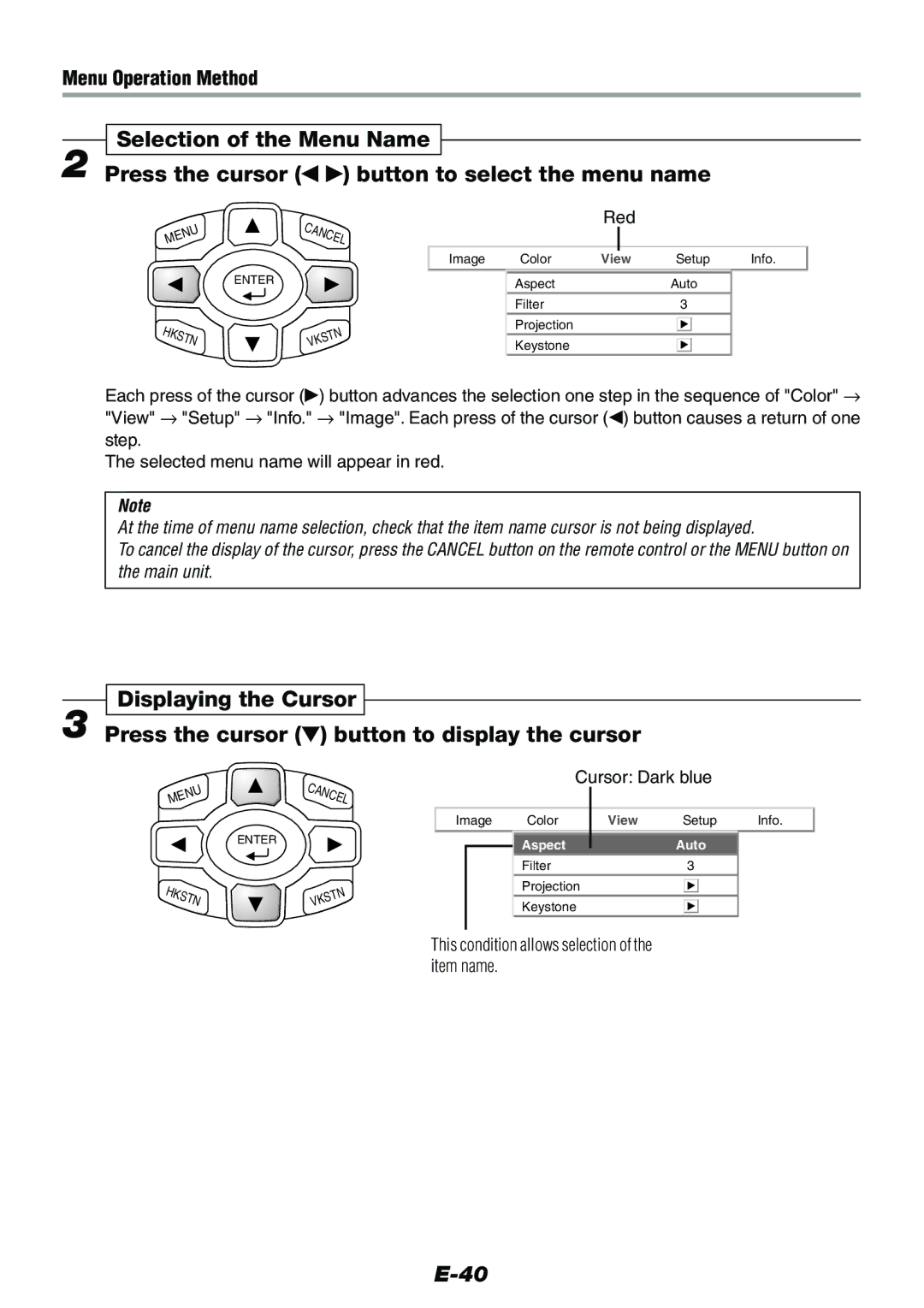 Epson V-1100 user manual Cursor Dark blue, This condition allows selection of the item name 